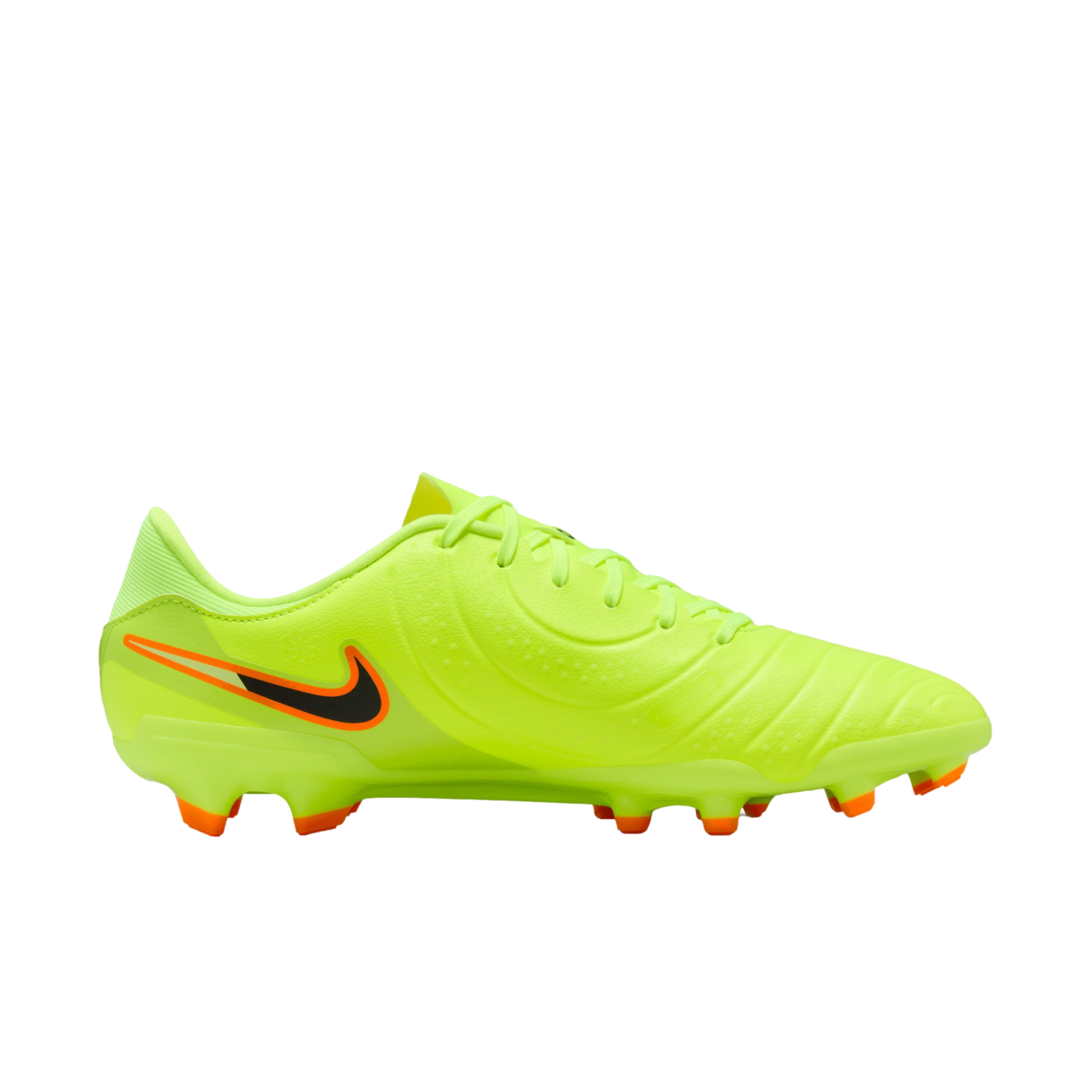 Profile view of a neon yellow Nike soccer cleat featuring a black and orange swoosh and orange-tipped studs, set against a solid black background.