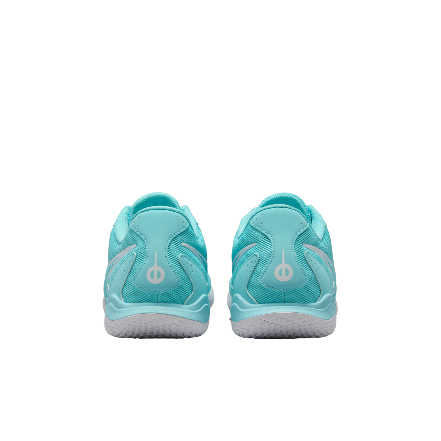 A rear view of light blue athletic sneakers with white soles and a circular logo on the heel.