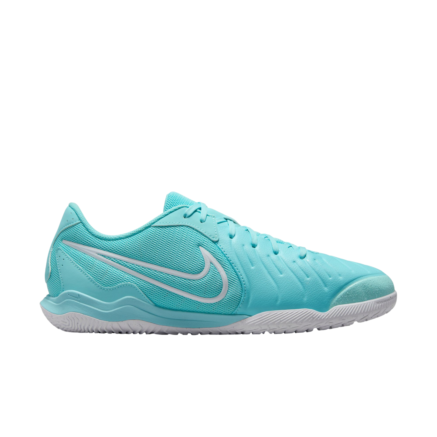 Lateral view of a cyan Nike soccer shoe with a white swoosh logo and textured white sole, set against a plain white background.