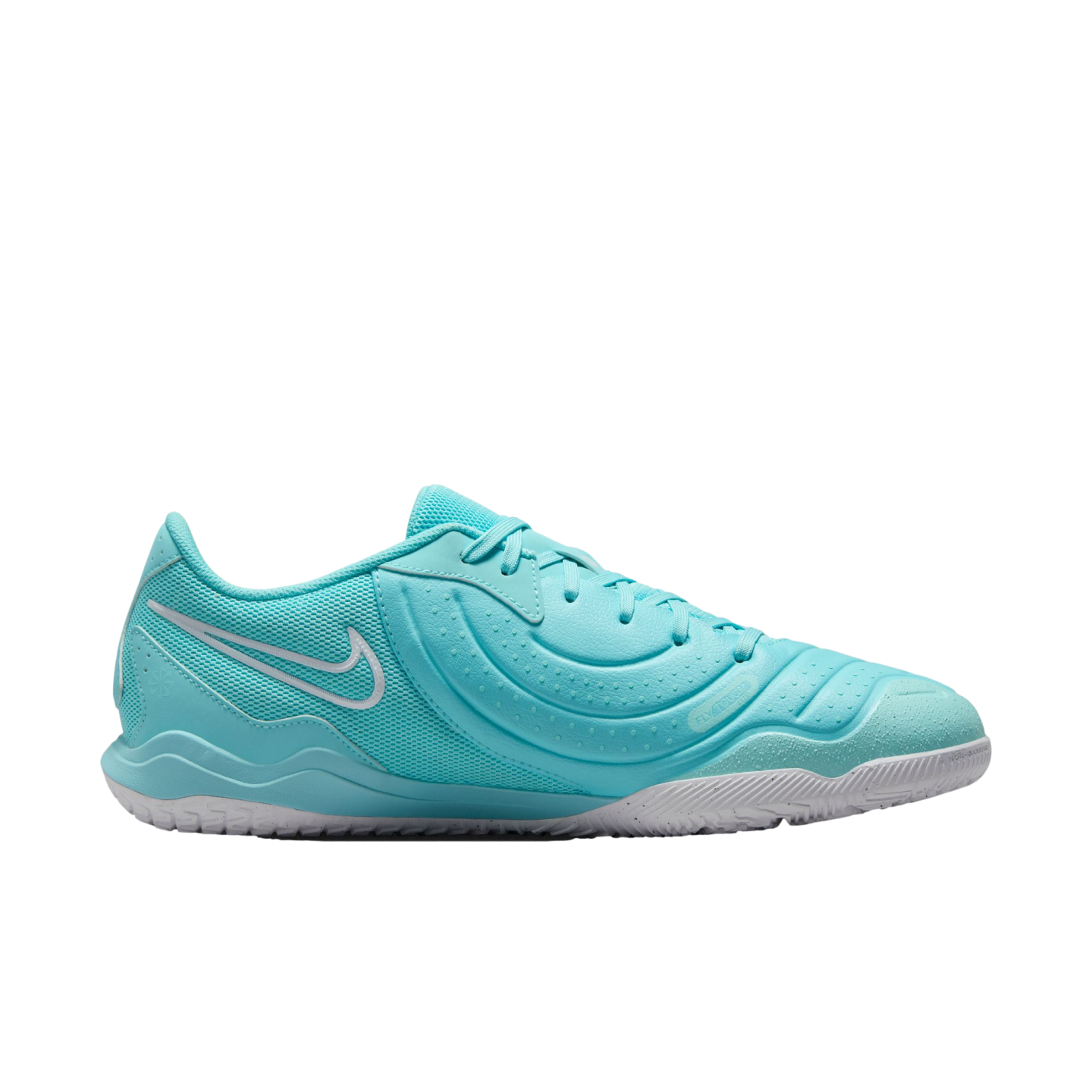 Turquoise Nike indoor soccer shoe shown from a side profile. The shoe features a textured light blue upper, a white Nike swoosh, and a white sole.