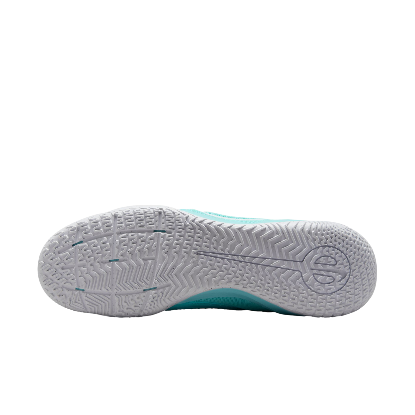 The white textured outsole of a light teal basketball shoe, featuring a multi-directional traction pattern and a circular logo on the heel.