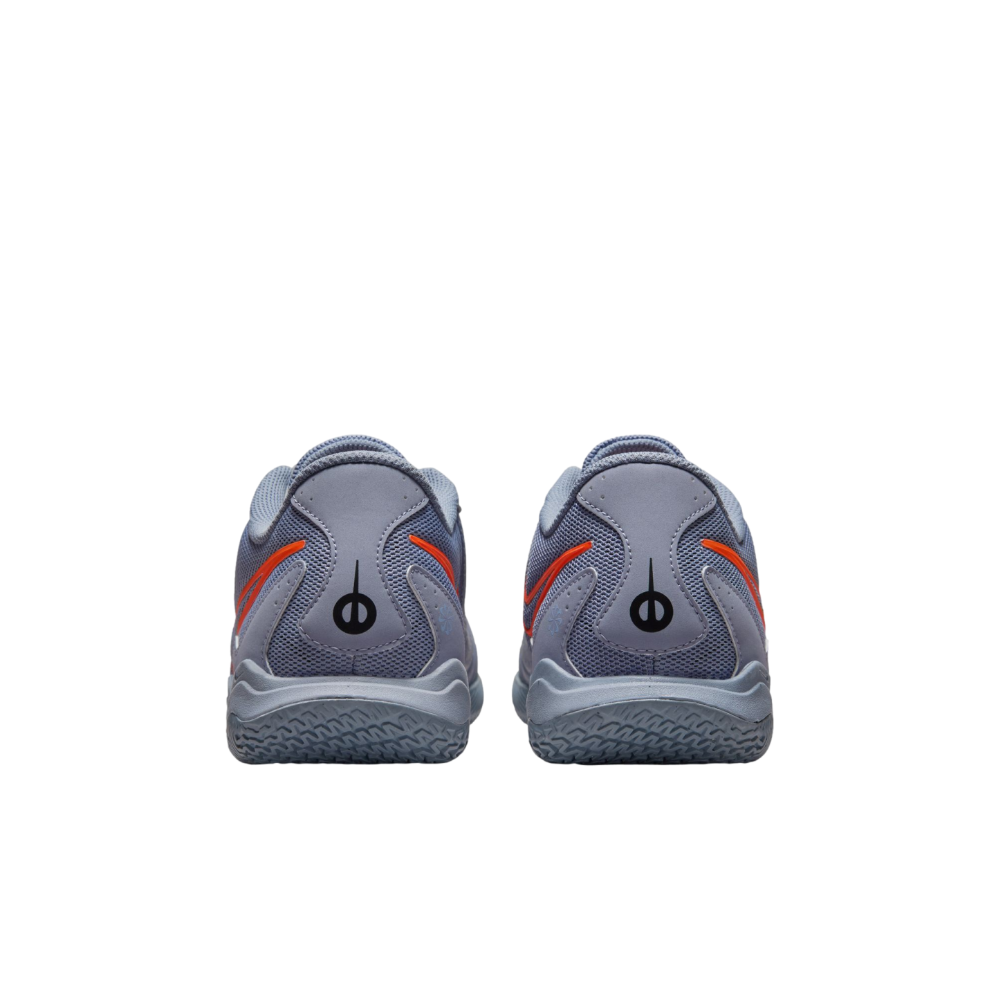 Back view of two light blue athletic shoes with orange accents and a black logo on the heels, centered against a solid black background.