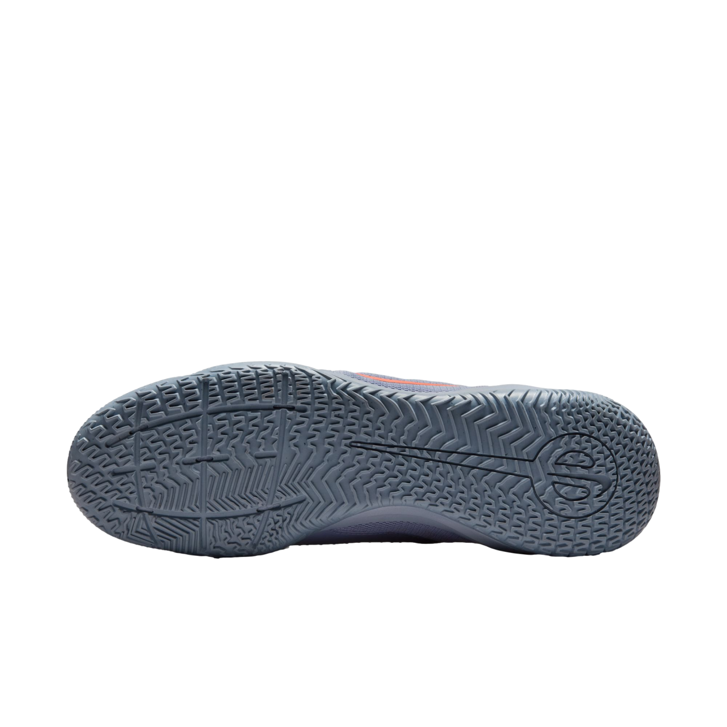 The bottom outsole of a gray athletic shoe with a complex traction pattern and a circular logo on the heel, set against a black background.