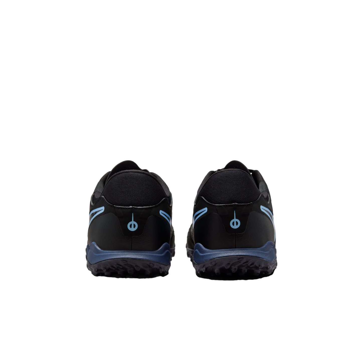 Rear view of two black athletic shoes with light blue logos on the heels and dark blue textured outsoles, set against a black background.