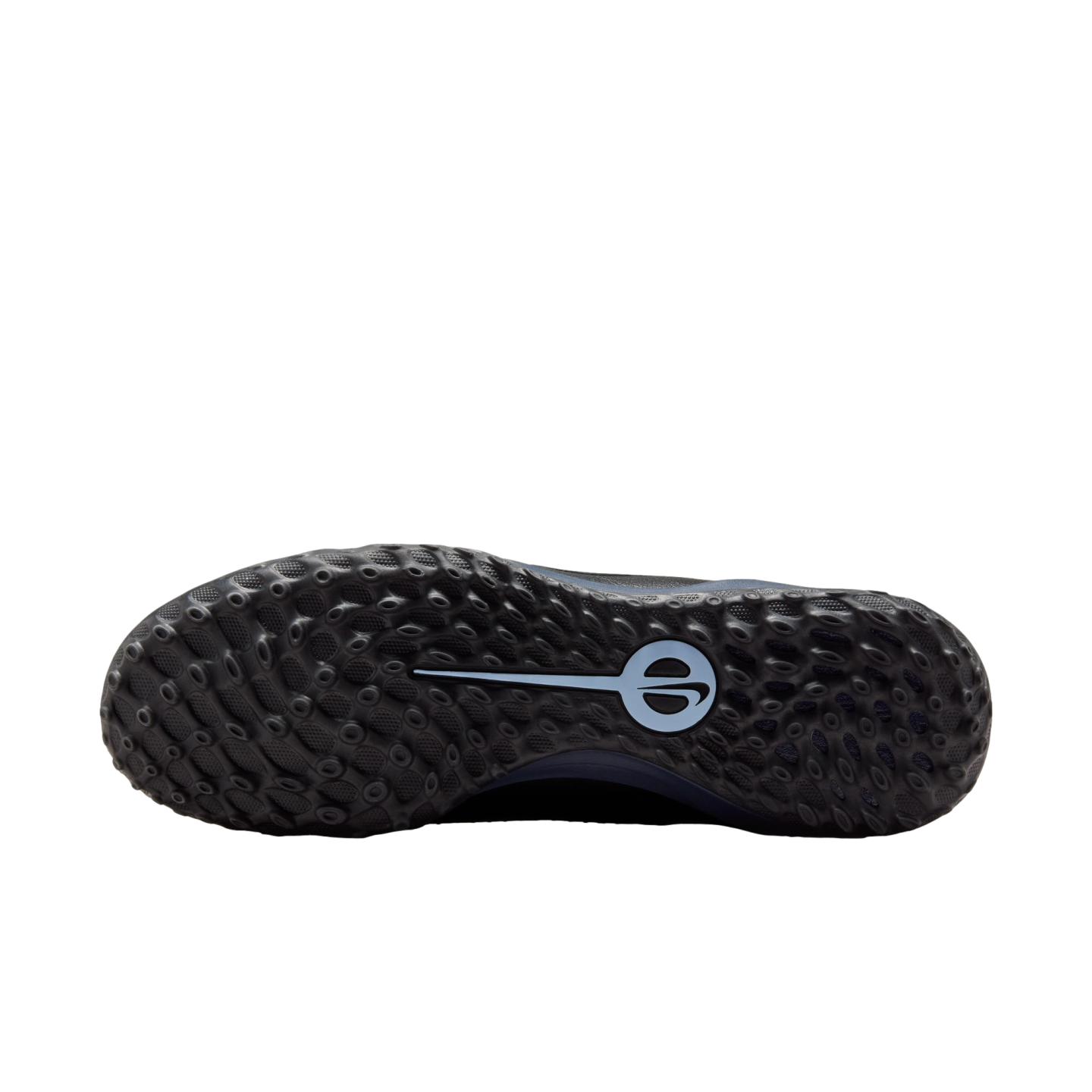 Underside of a black athletic shoe showing a bumpy traction pattern and a light blue circular logo on the heel.