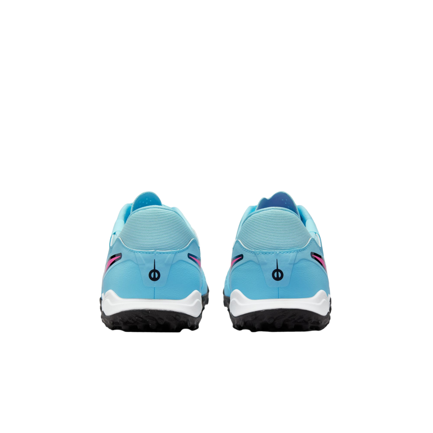 Rear view of a pair of light blue turf soccer shoes with white midsoles, black studded outsoles, and a small black circular logo on the heels.