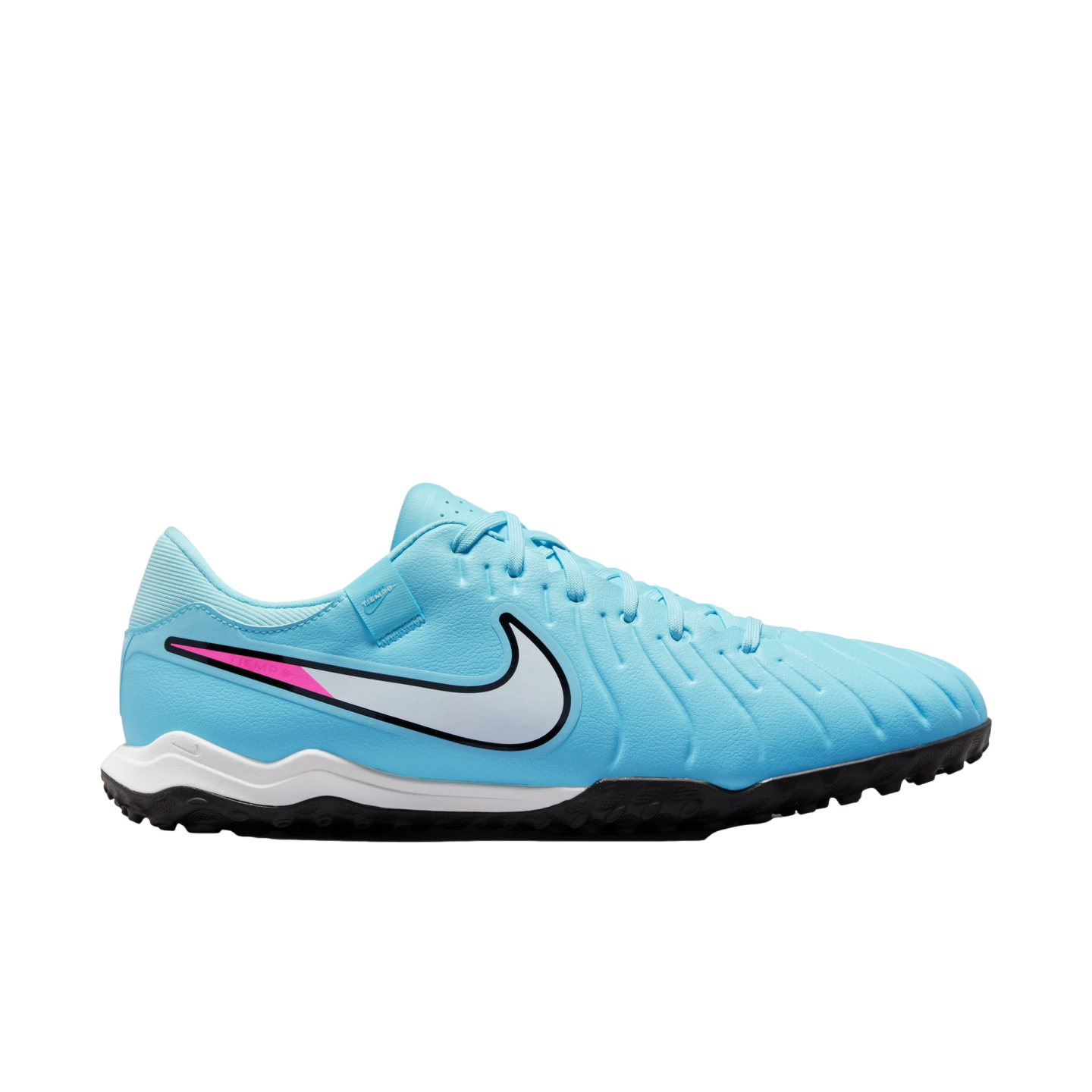 A light blue Nike Tiempo turf soccer shoe with a white swoosh, black trim, pink accent, and a black studded outsole.