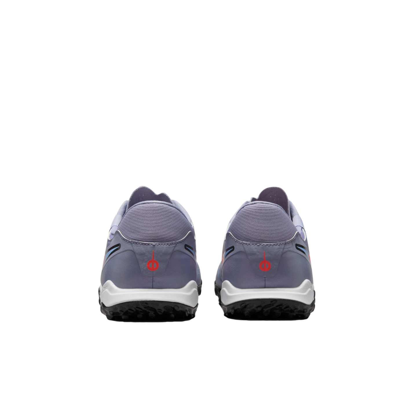 Rear view of a pair of lavender soccer turf shoes with white midsoles and black outsoles, featuring small red logos on the heels, against a black background.