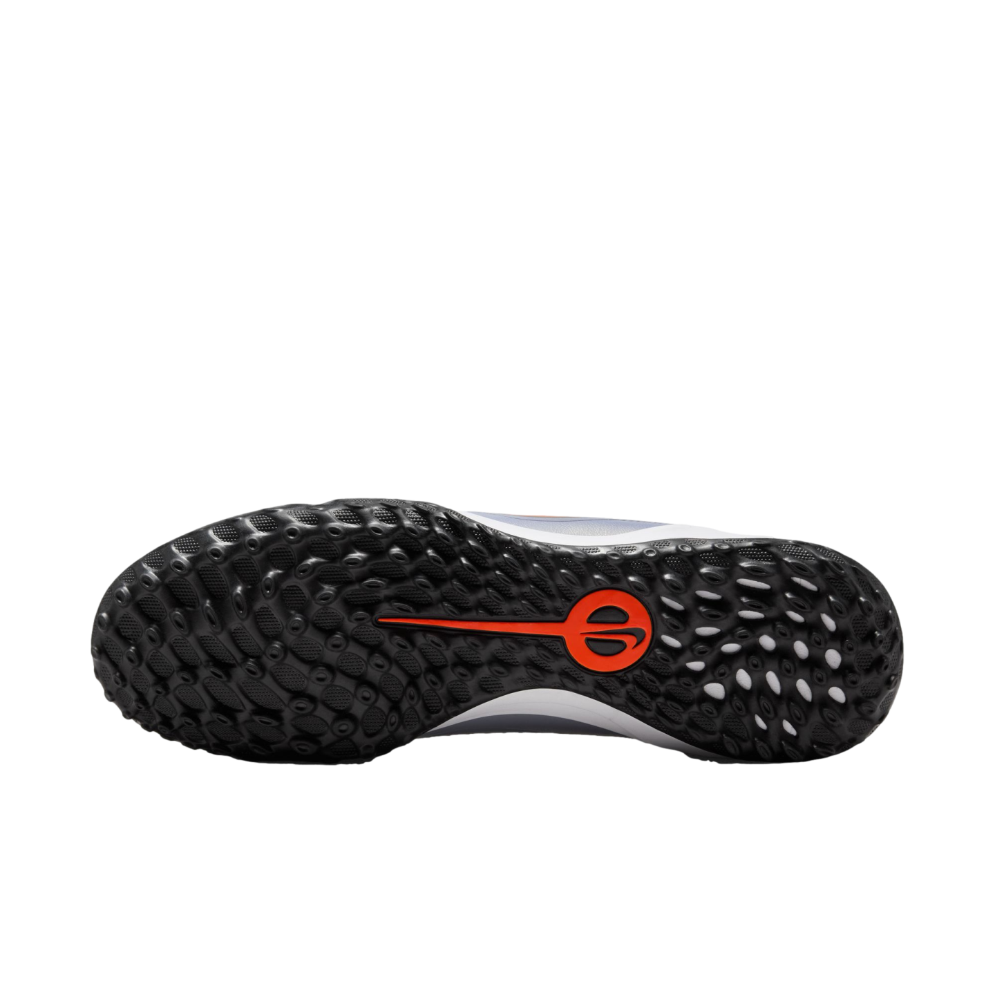 A black textured rubber outsole of an athletic shoe with a circular orange logo in the center, featuring a studded tread pattern for traction.