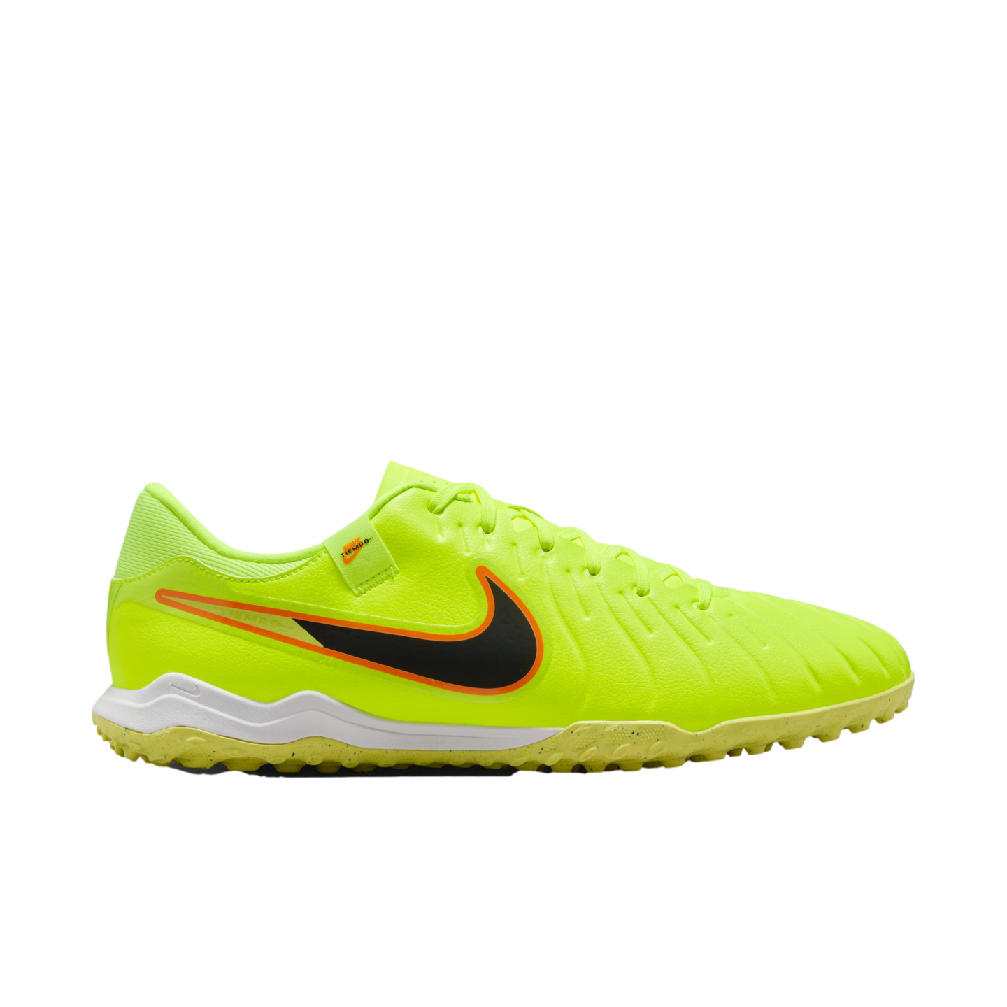 Side view of a neon yellow Nike Tiempo turf soccer shoe with a black swoosh and orange accents, set against a solid black background.