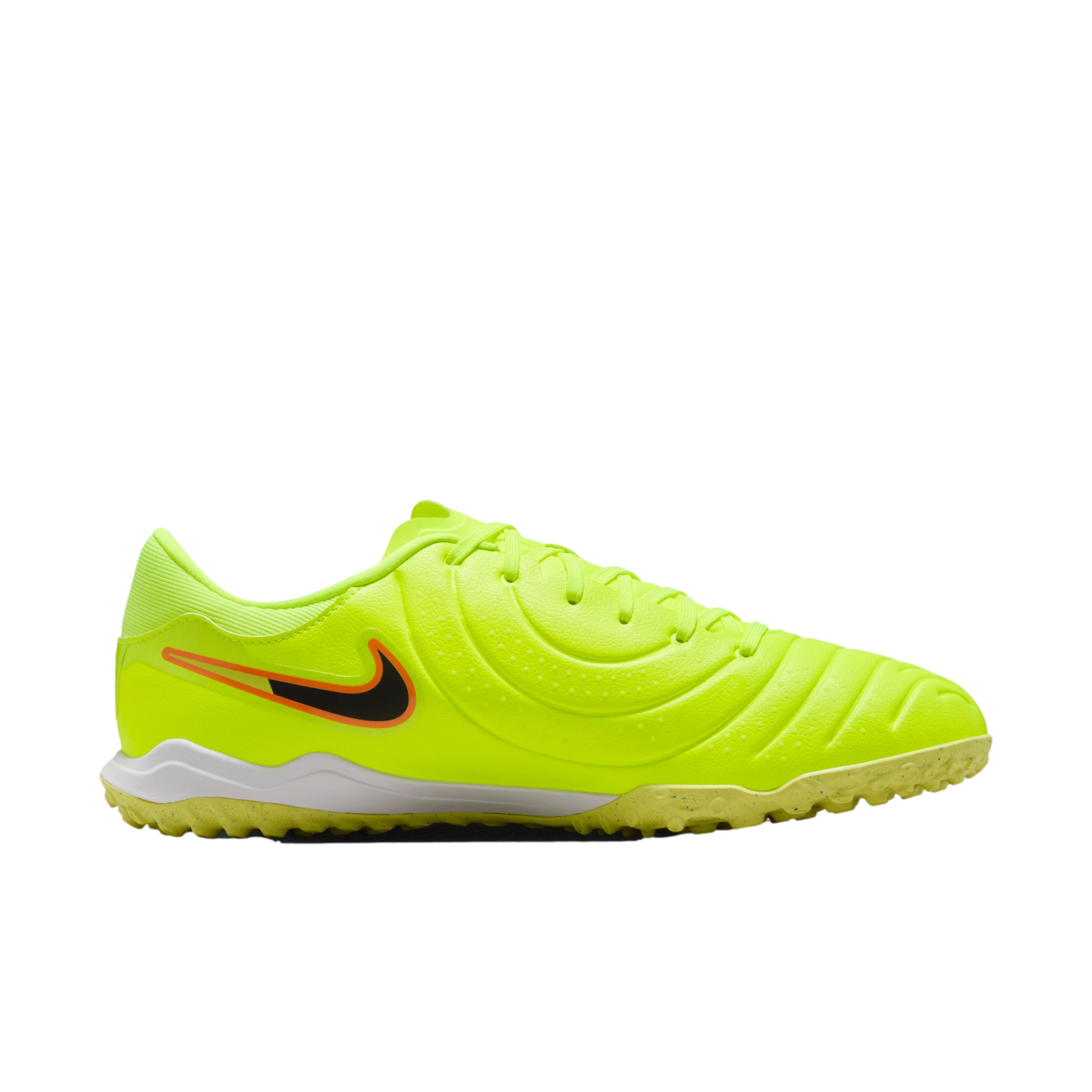 Neon yellow Nike turf soccer shoe with a black swoosh outlined in orange, a white midsole, and a nubby yellow outsole.