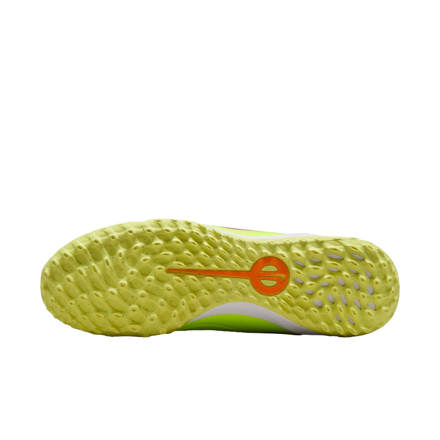 The lime green outsole of a soccer shoe featuring a dense pattern of small studs and a central orange logo, isolated on a black background.