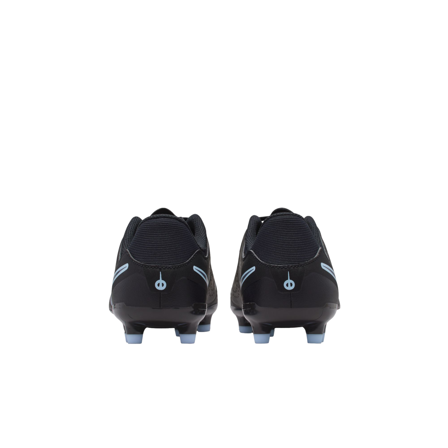 Rear view of two black soccer cleats with light blue studs and a small light blue logo on the heels, isolated against a solid black background.