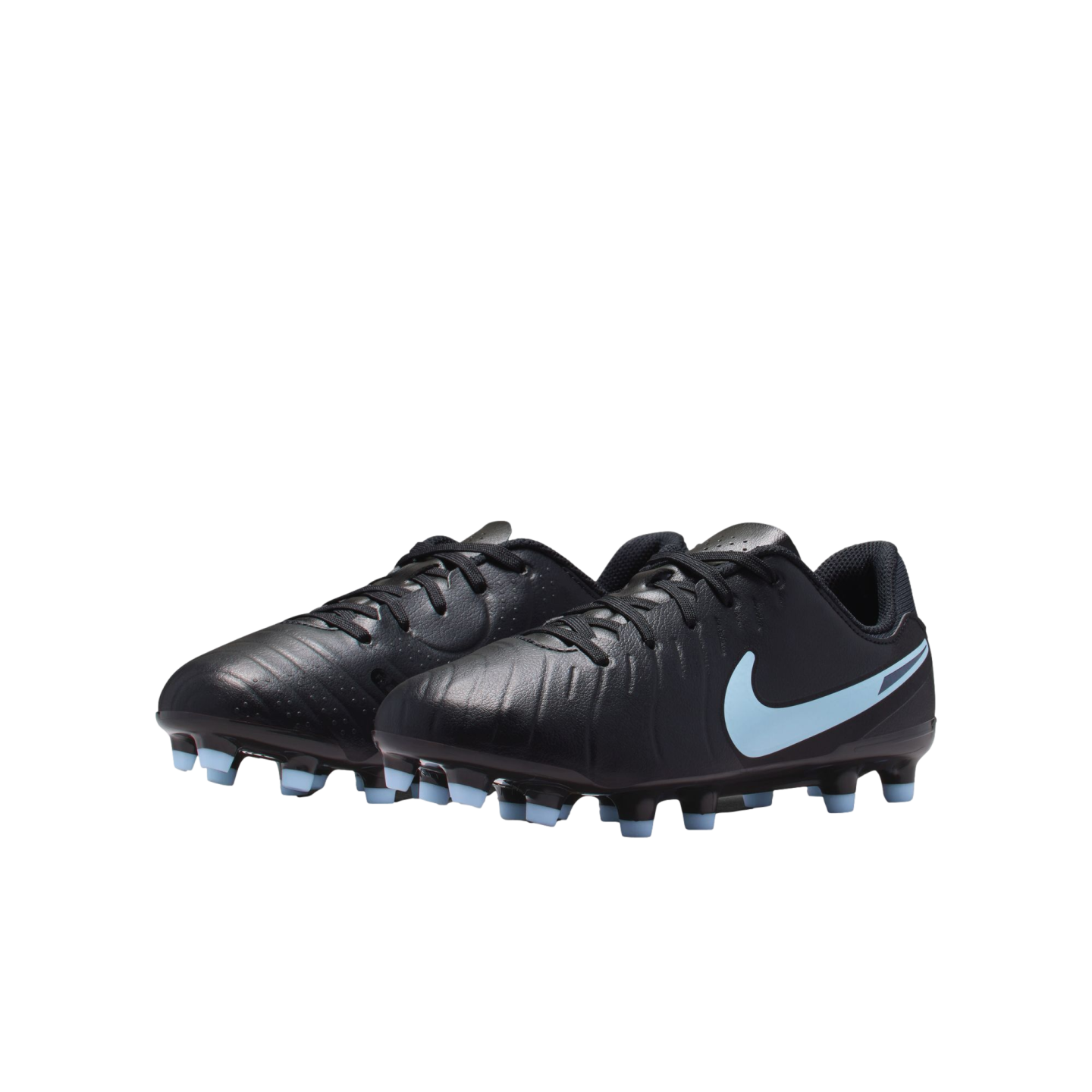 A pair of black Nike soccer cleats with light blue accents and studs, set against a black background.