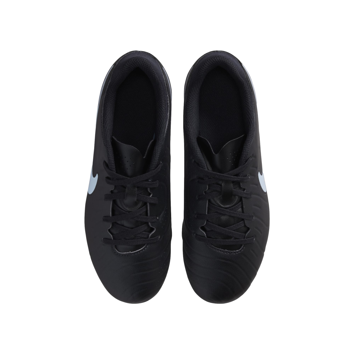 A pair of black Nike soccer cleats viewed from above against a black background, featuring black laces and small white swoosh logos on the sides.