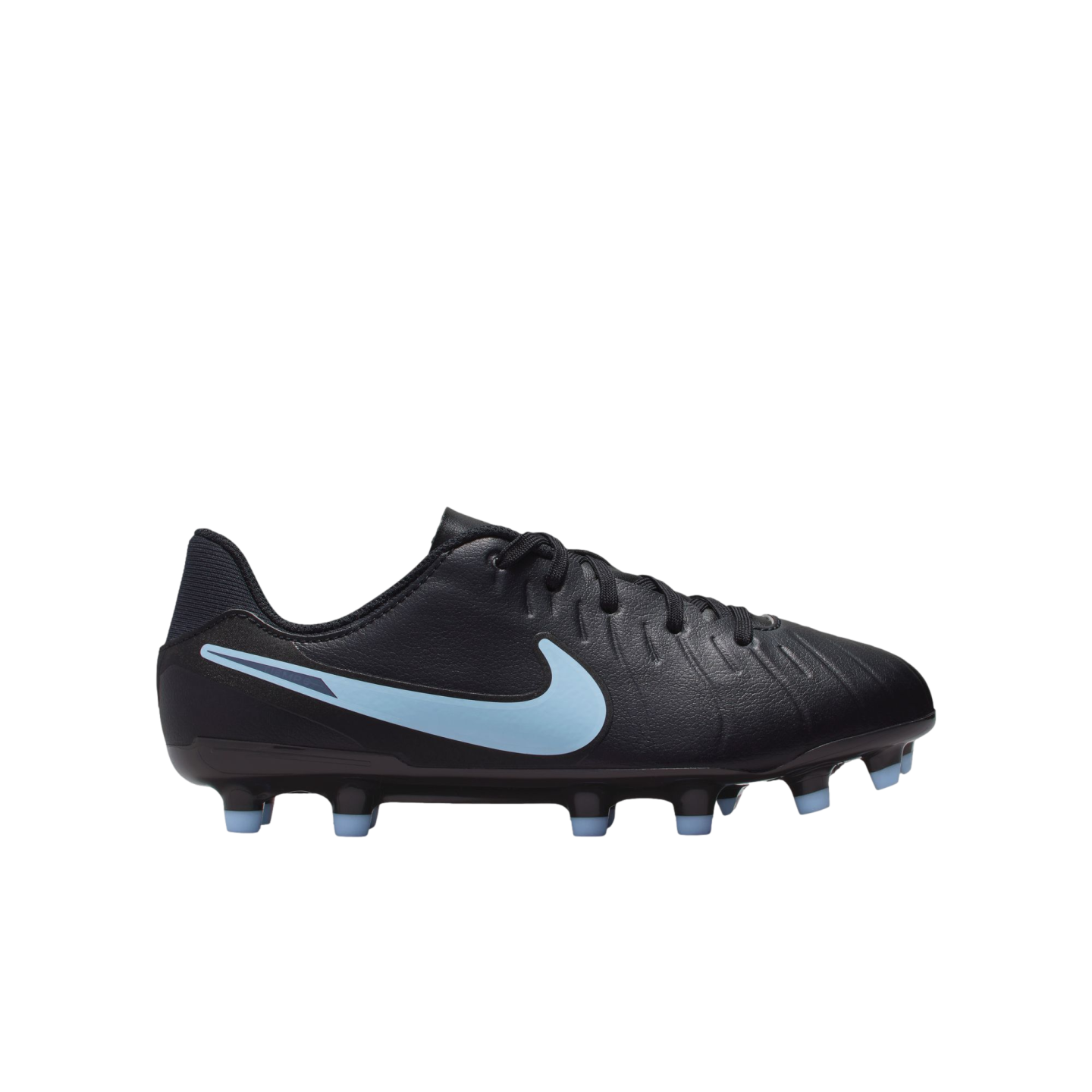 Side view of a black Nike soccer cleat with a light blue swoosh and matching light blue studs against a black background.