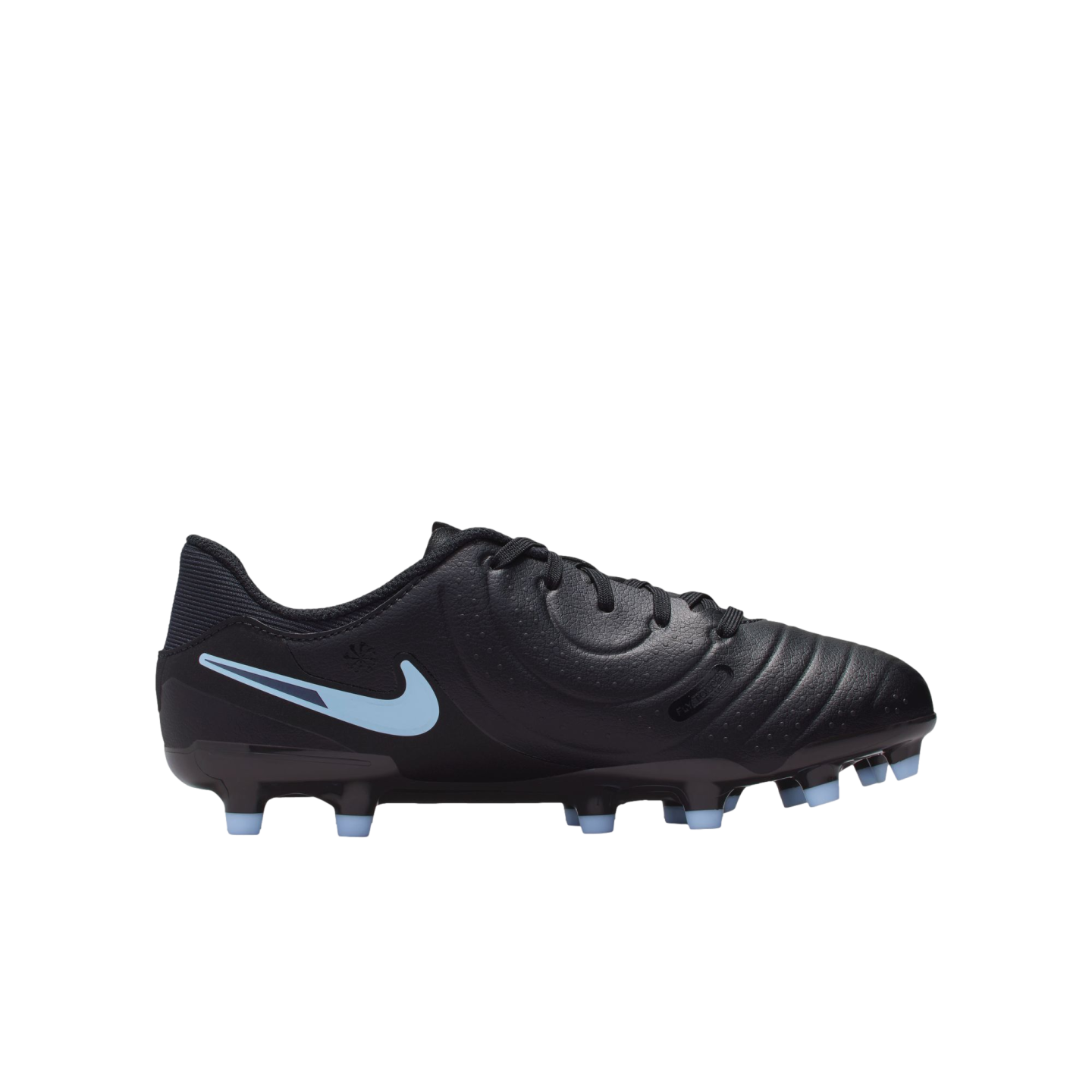 A side profile of a black Nike soccer cleat with a light blue swoosh and light blue studs, displayed against a solid black background.
