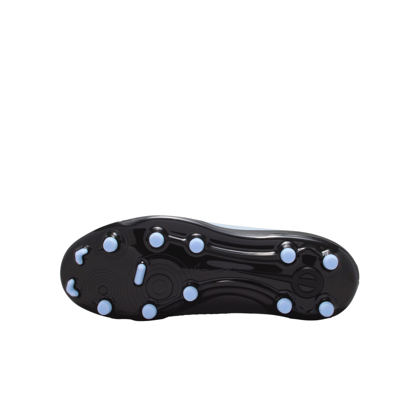 The glossy black outsole of a soccer cleat with light blue conical studs, shown against a black background.
