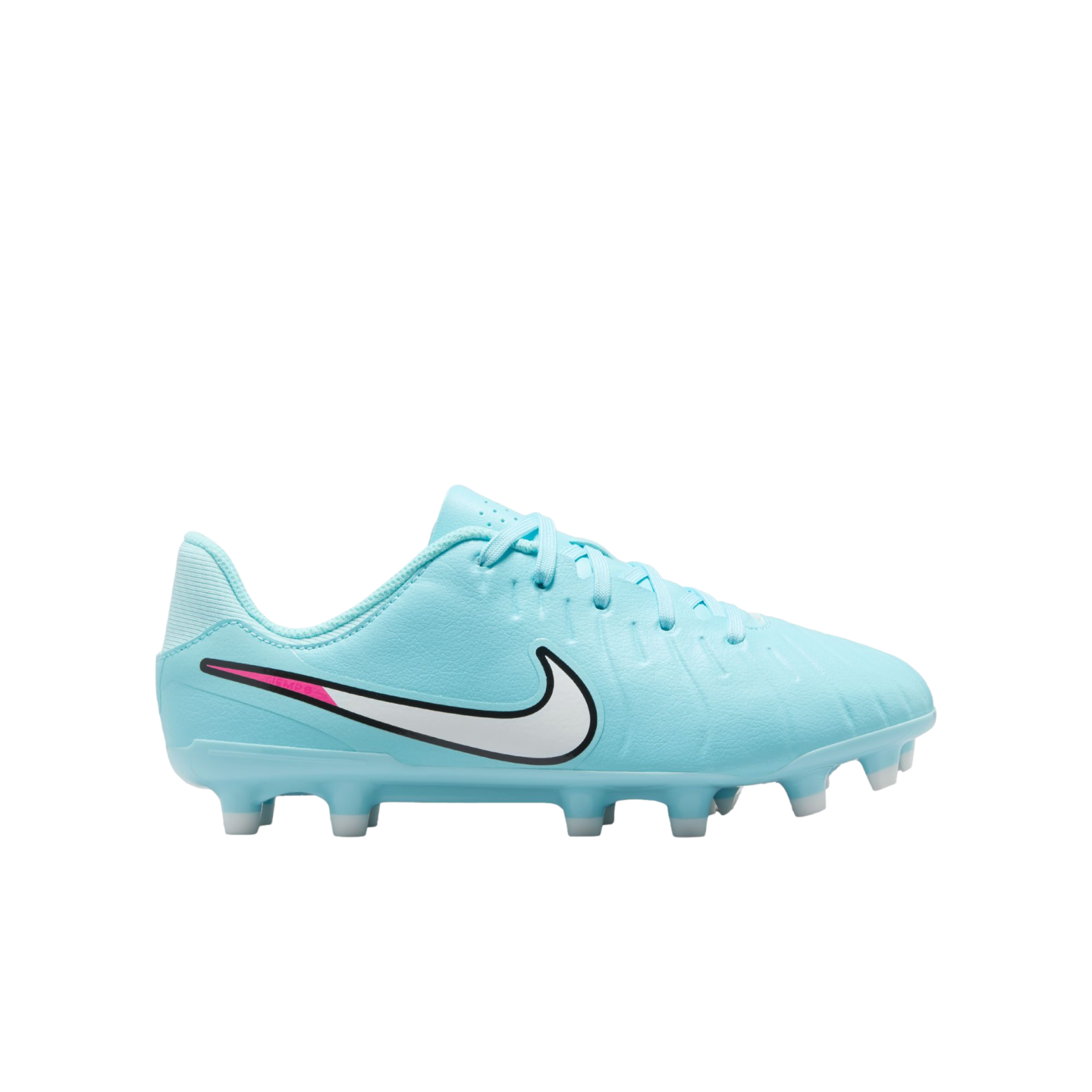 Light blue Nike soccer cleat with a white swoosh, black outline, and small pink detail, shown from a side profile.