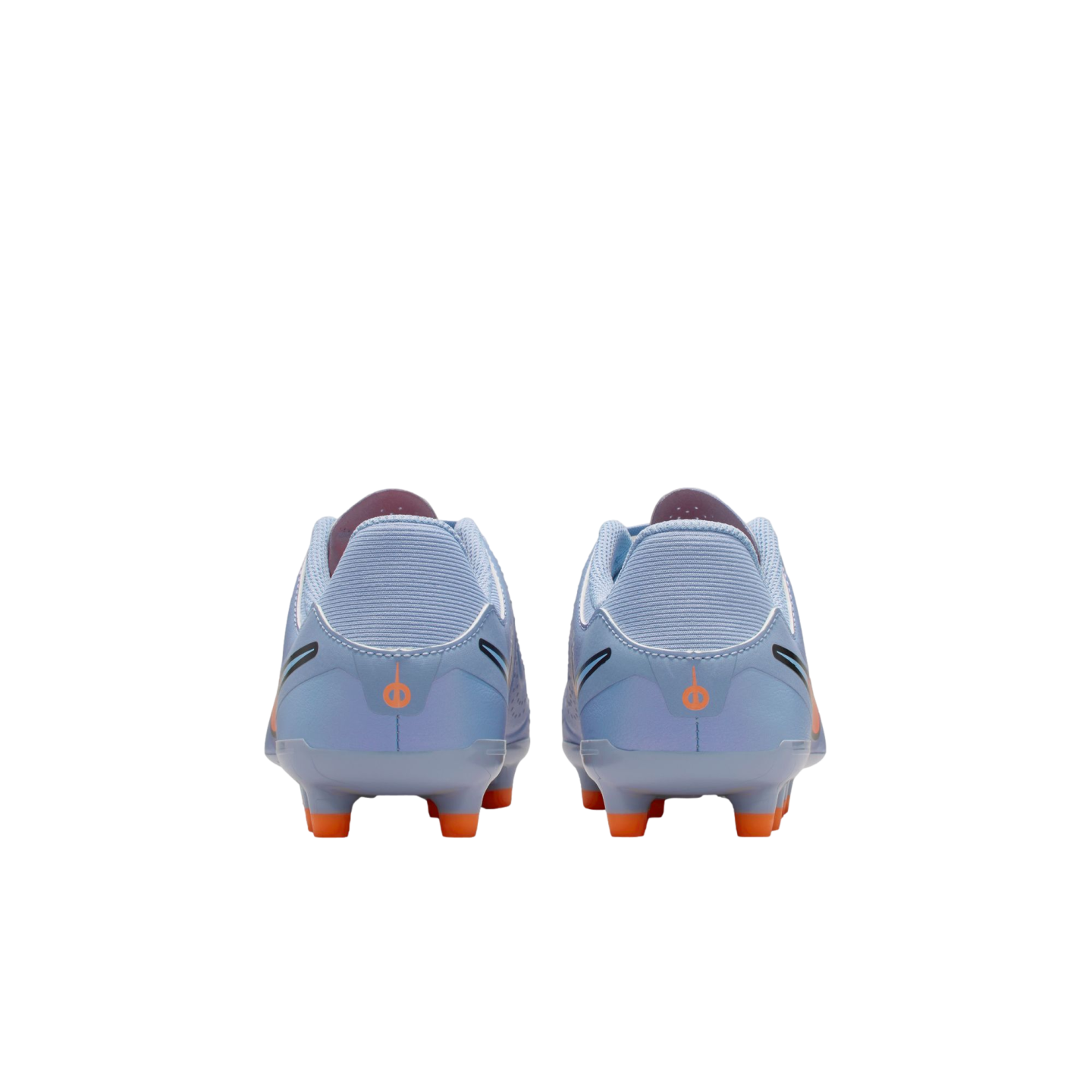 Rear view of light blue soccer cleats with orange studs and small orange circular logos on the heels, set against a black background.
