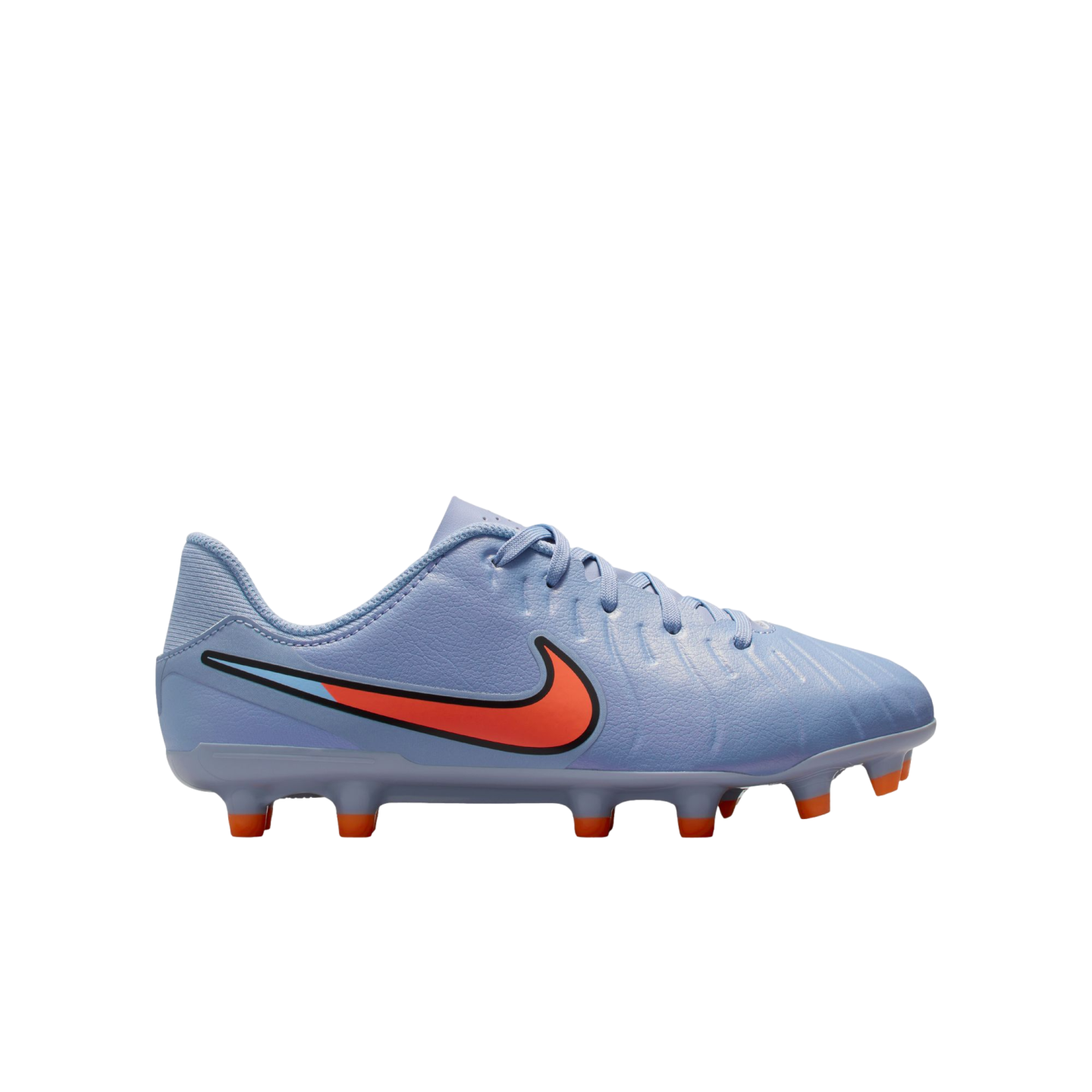 A light blue Nike soccer cleat with an orange swoosh and orange studs, isolated on a black background.
