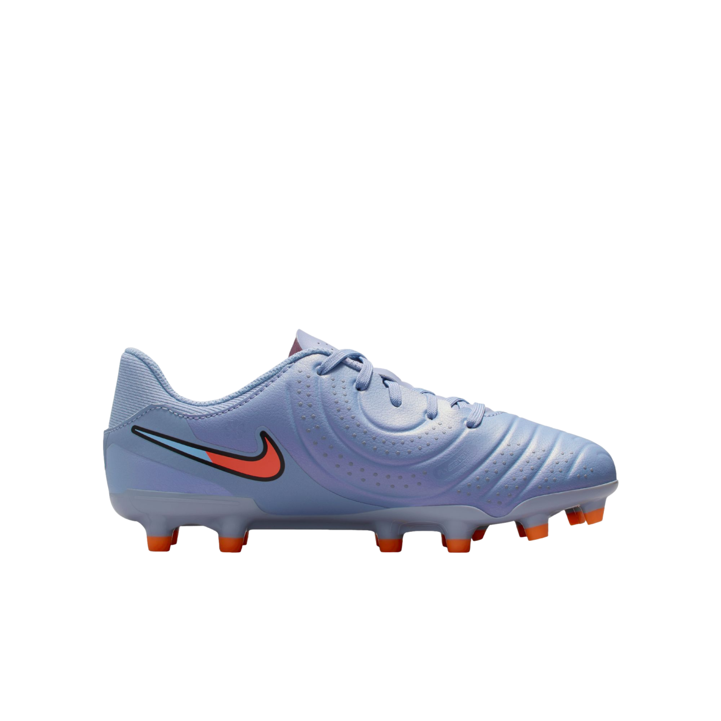 Light purple Nike soccer cleat with orange studs and a blue and orange swoosh logo, shown on a black background.