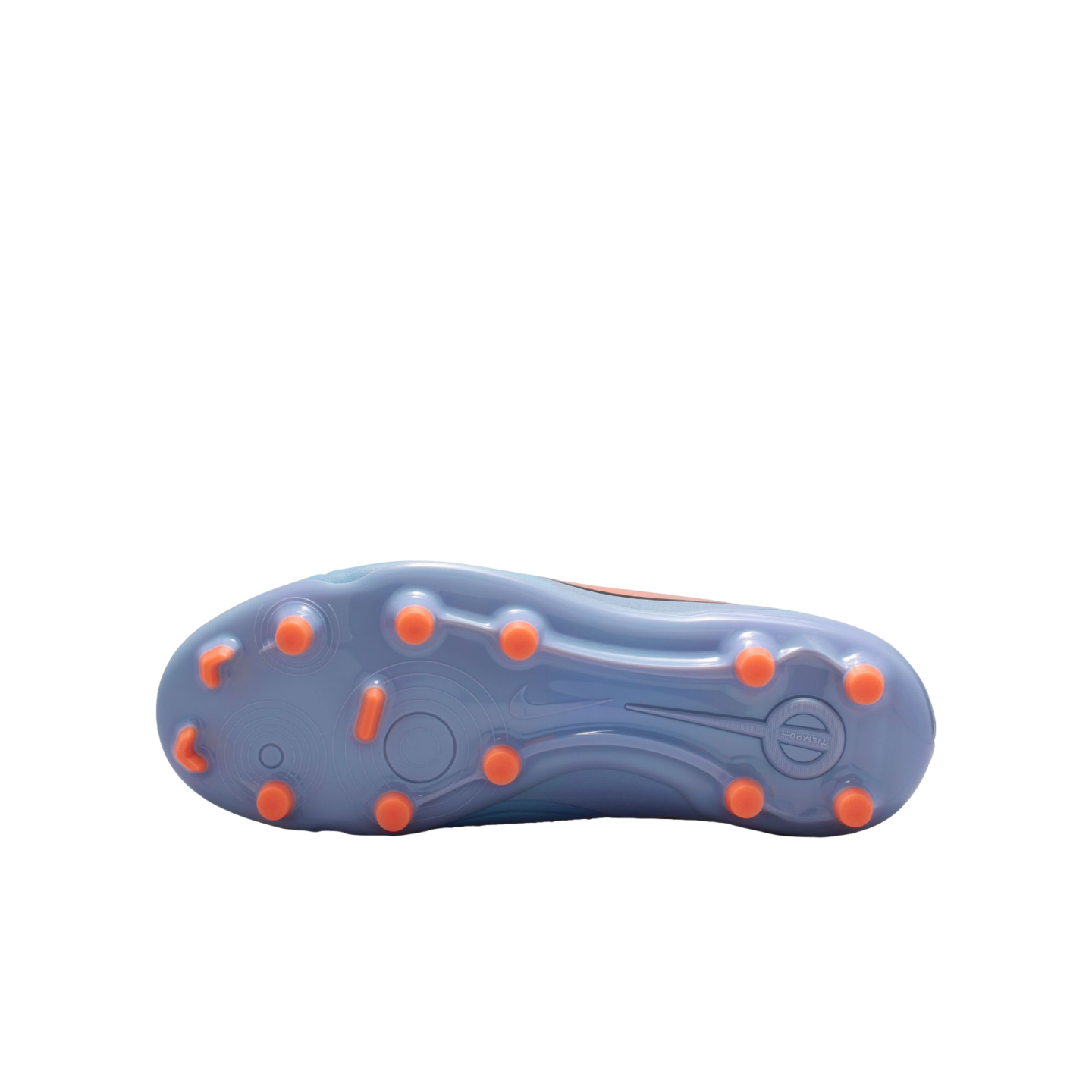 A bottom view of a light blue Nike Tiempo soccer cleat featuring bright orange studs, set against a solid black background.