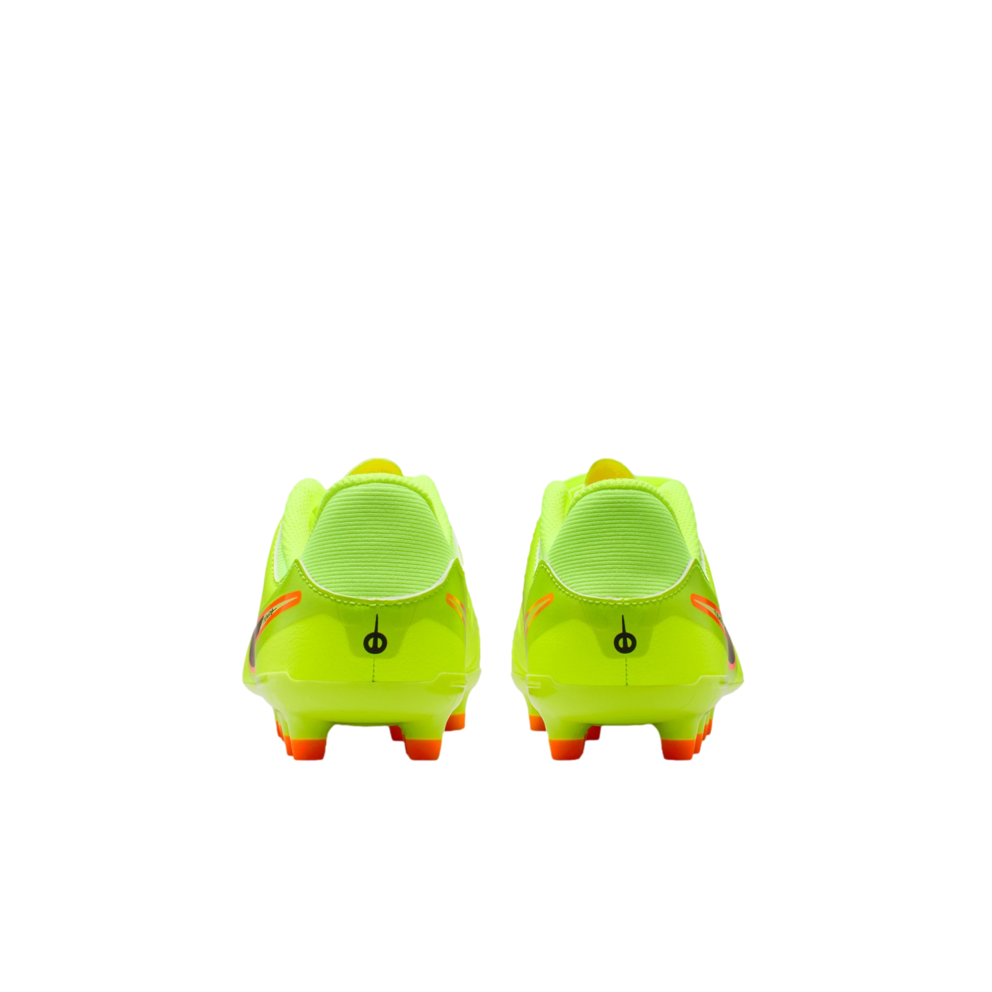 Rear view of neon yellow soccer cleats with orange studs on a black background.