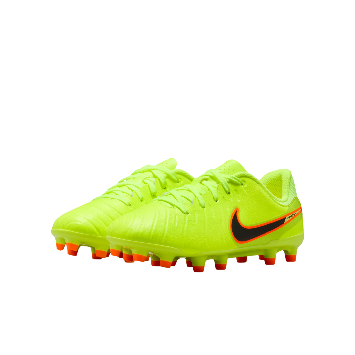 A pair of neon yellow Nike Tiempo soccer cleats with black swooshes and orange studs, displayed against a solid black background.