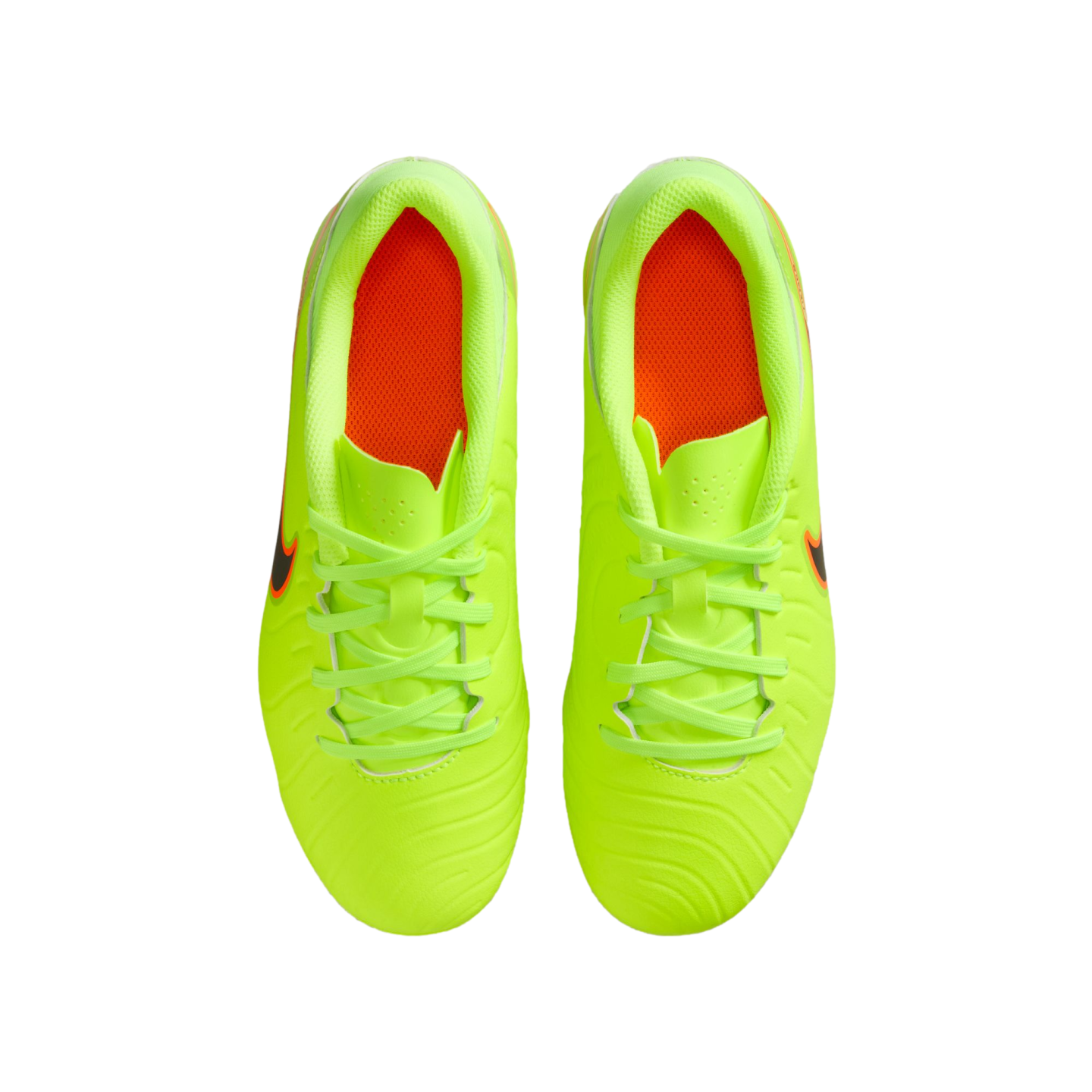 Top-down view of a pair of bright neon yellow Nike soccer cleats with orange insoles on a black background.