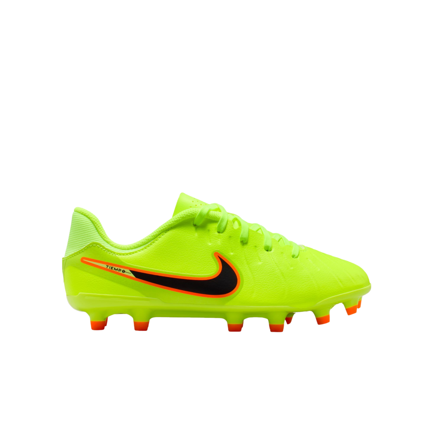 A neon yellow Nike Tiempo soccer cleat with a black and orange swoosh and orange studs, shown against a solid black background.