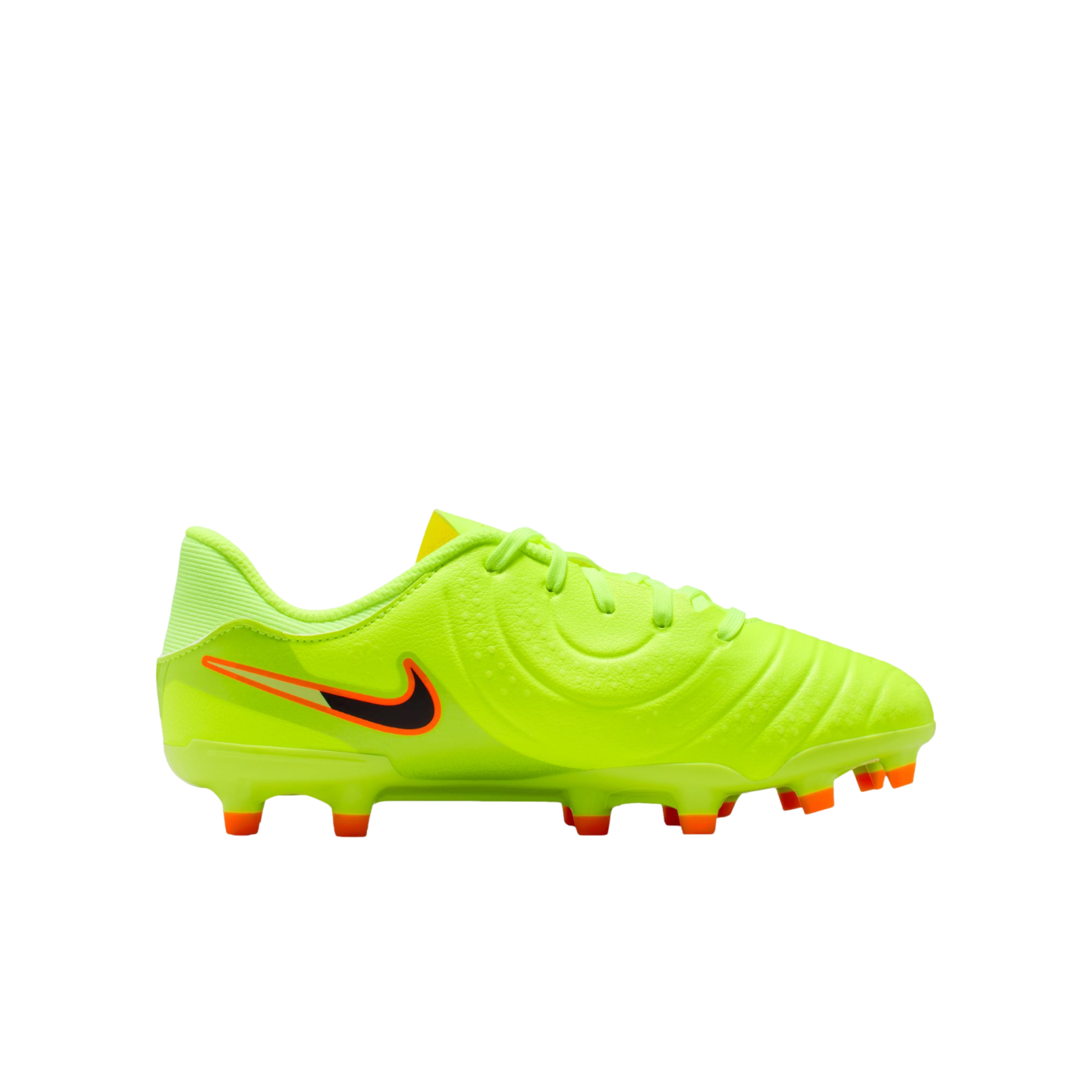 Vibrant lime green Nike soccer cleat with a black and orange swoosh logo and orange studs, set against a solid black background.