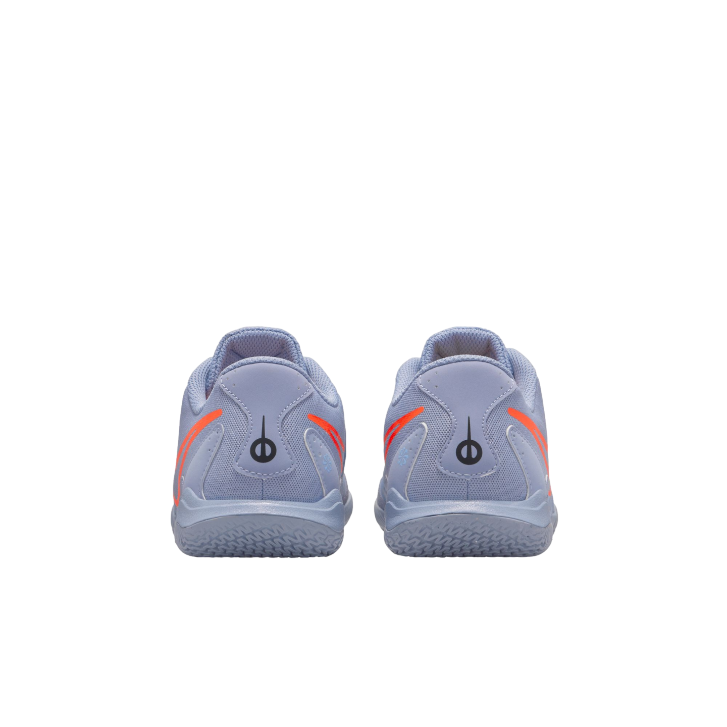 Back view of two light blue court shoes with orange swoosh accents and a black logo on the heels, centered on a black background.