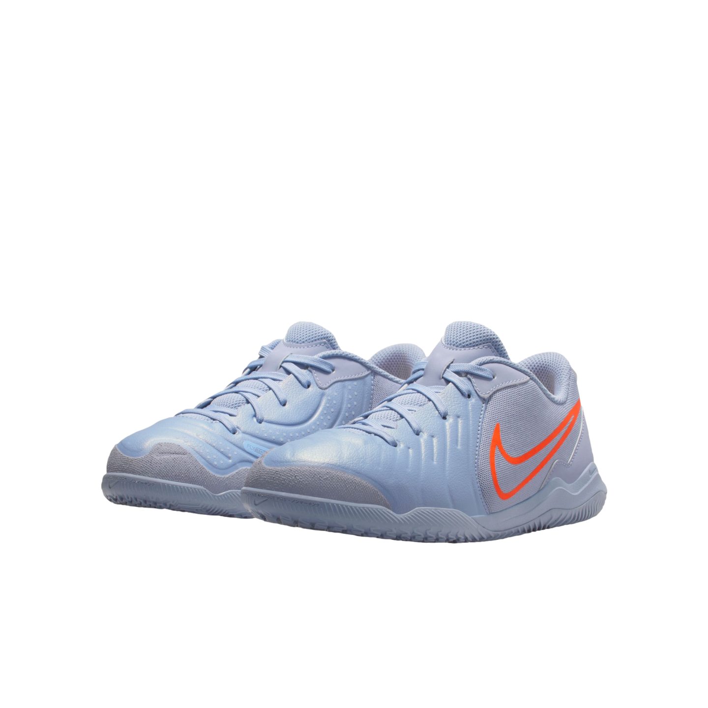 A pair of light blue Nike athletic shoes with a vibrant orange swoosh logo, set against a solid black background.