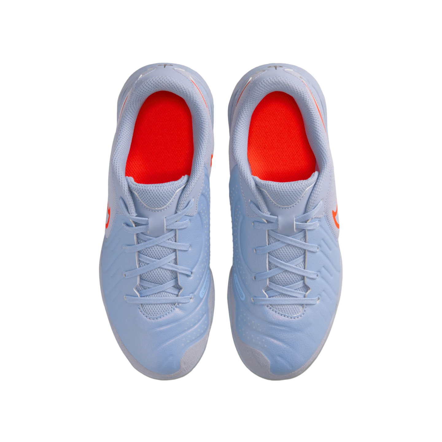 Top-down view of a pair of light blue athletic shoes with vibrant orange insoles and matching blue laces, centered on a black background.