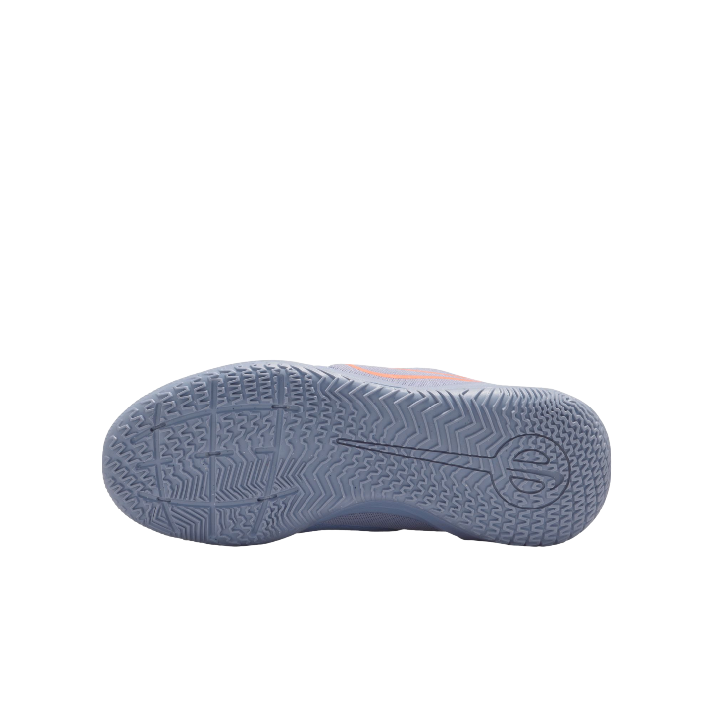 Sole of a light grey athletic shoe with an intricate herringbone tread pattern and a circular logo on the heel, shown against a solid black background.