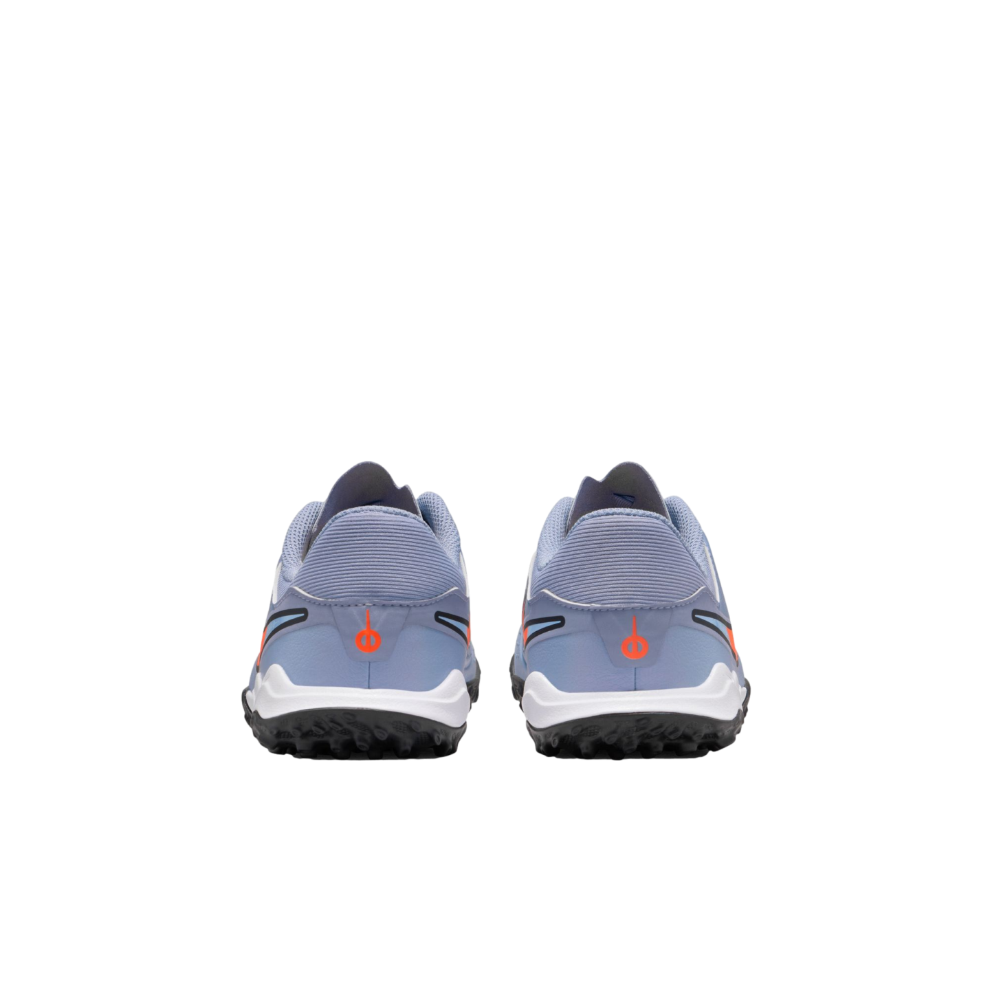 Rear view of light blue athletic shoes with orange accents, white midsoles, and black studded outsoles against a black background.