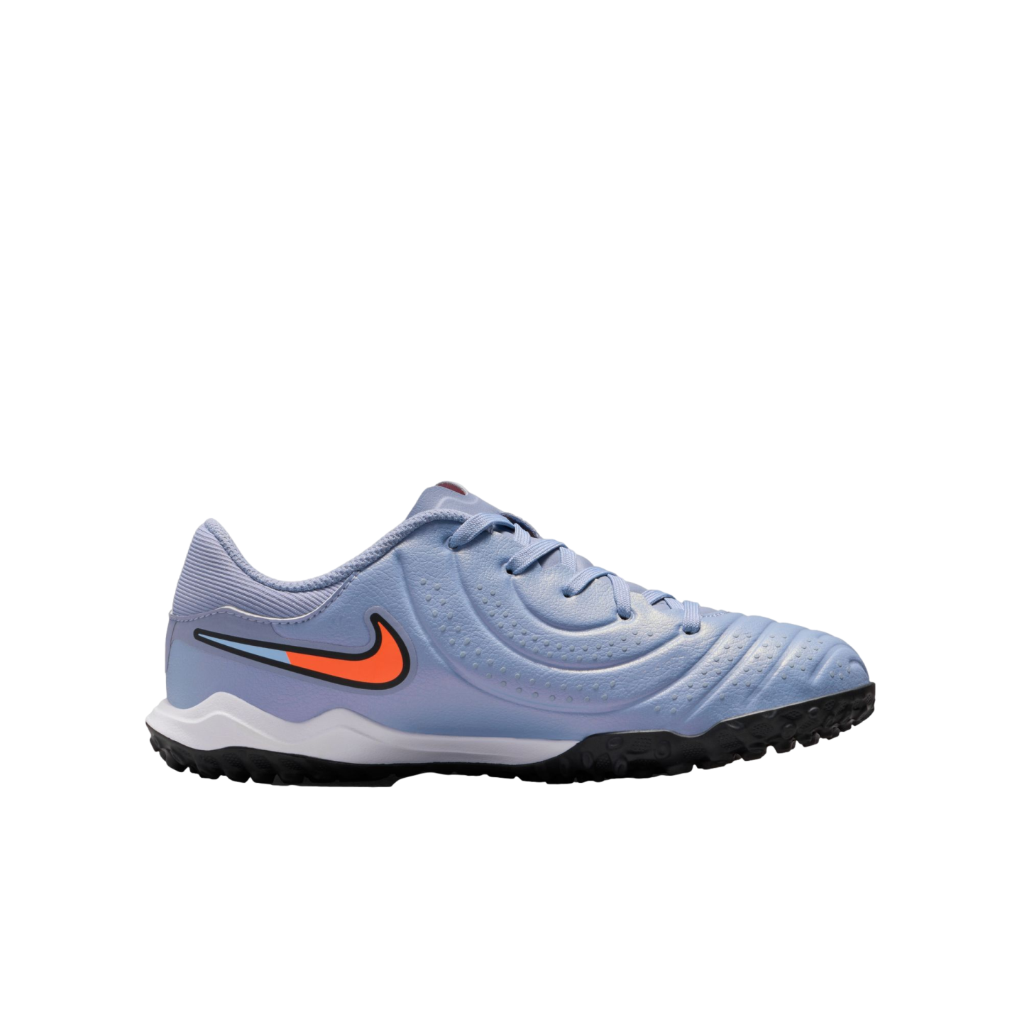 Profile view of a light purple Nike soccer turf shoe with an orange and blue Swoosh logo and a black nubbed outsole.