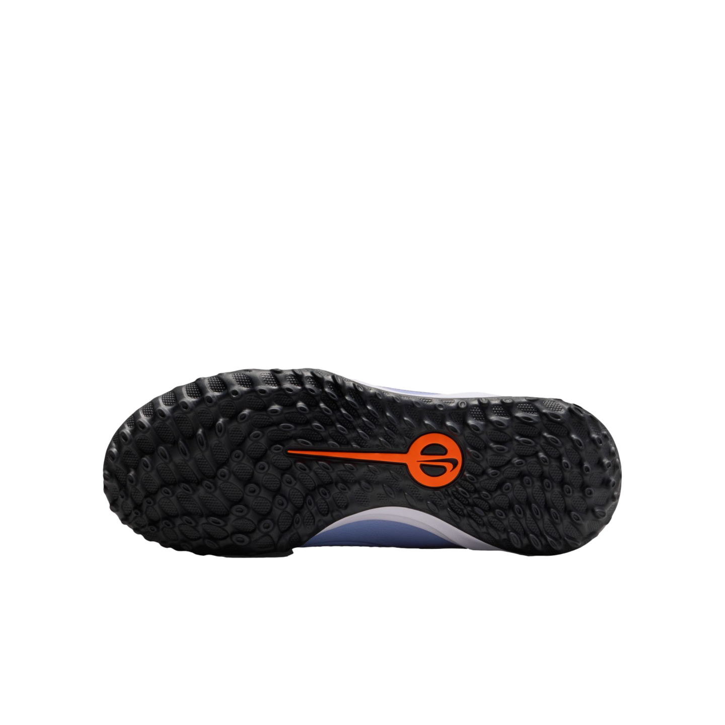 Underside of a black athletic shoe showing a textured rubber outsole with a central orange Nike logo against a solid black background.