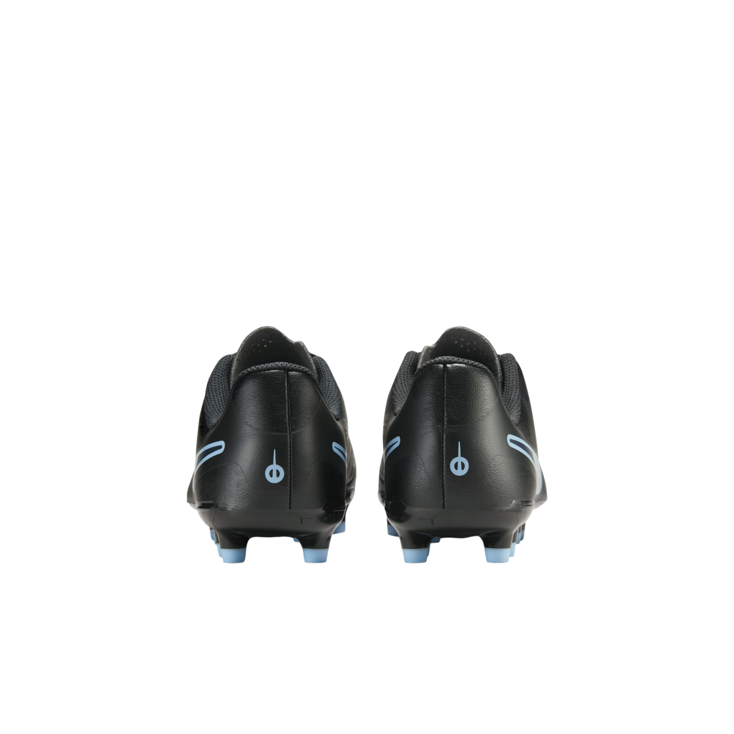 Back view of a pair of black Puma soccer cleats with light blue accents and studs, set against a solid black background.
