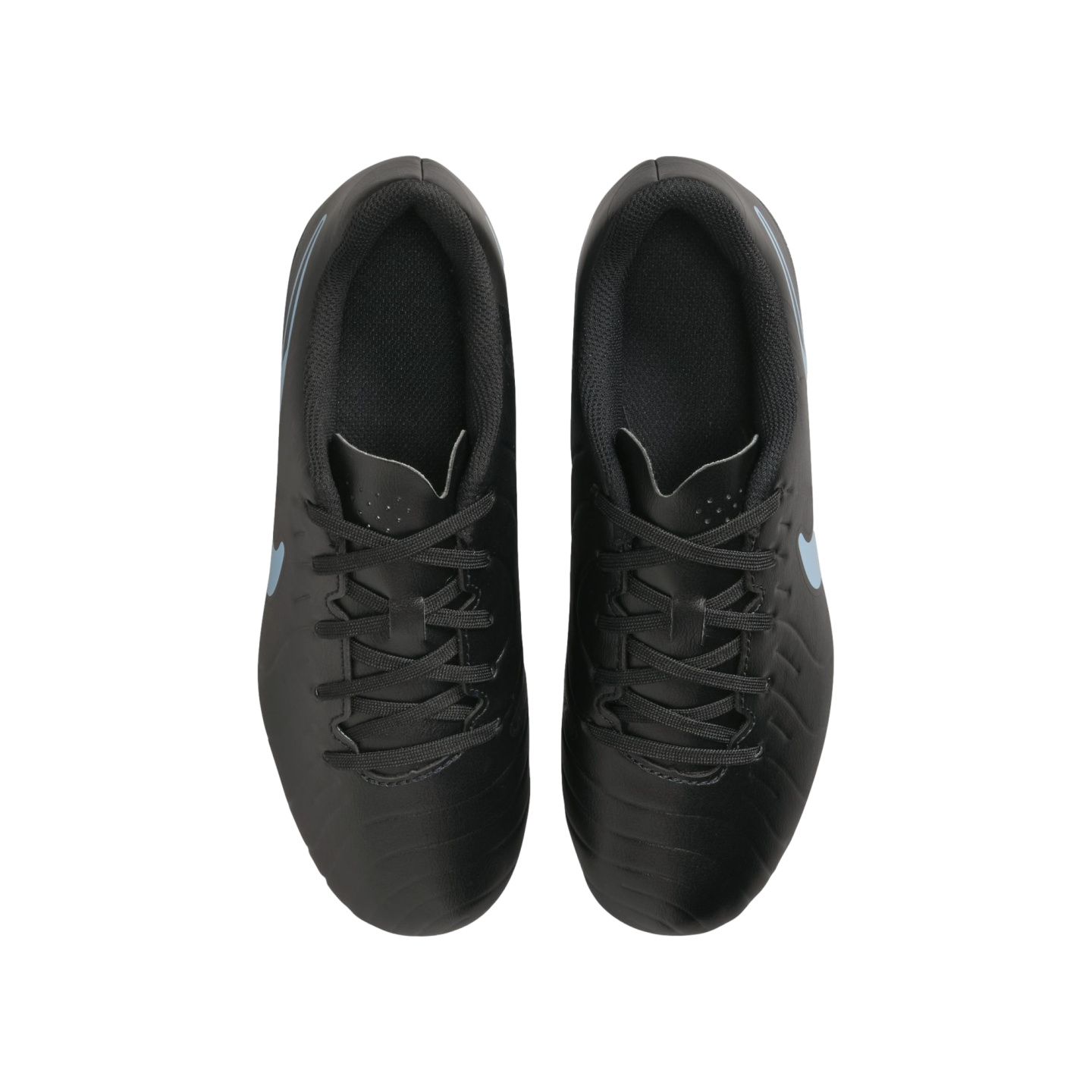 Top-down view of a pair of black athletic shoes with light blue accents and black laces, centered on a solid black background.