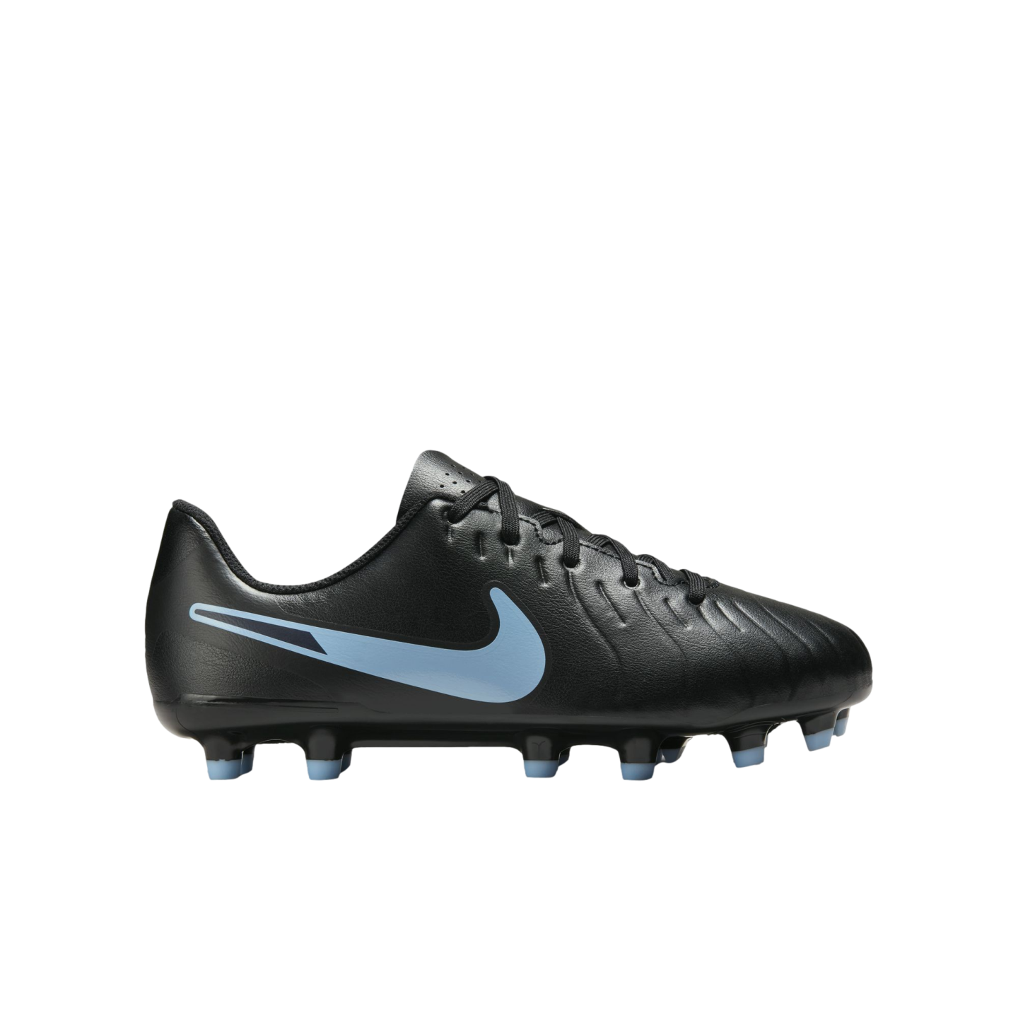 Black Nike soccer cleat with a light blue swoosh and light blue stud tips, viewed from the side on a black background.