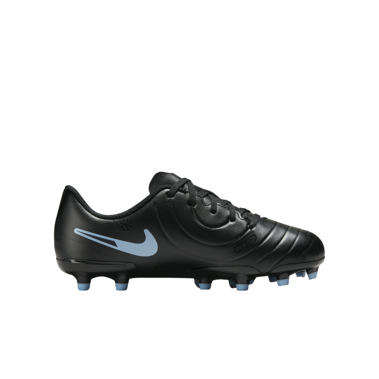 Side profile of a black Nike soccer cleat featuring a light blue swoosh and stud tips, set against a black background.