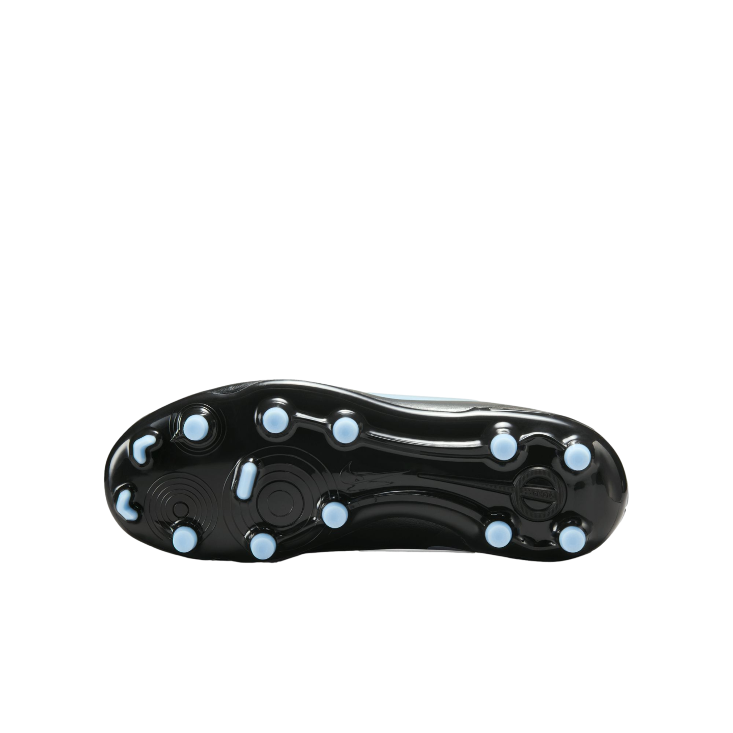 A bottom view of a black soccer cleat outsole featuring light blue circular and crescent-shaped studs, set against a solid black background.