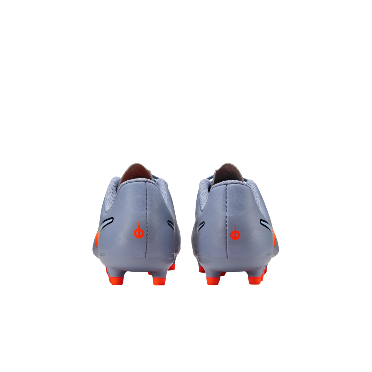 Rear view of a pair of light purple soccer cleats with bright orange studs and small orange logos on the heels, set against a black background.