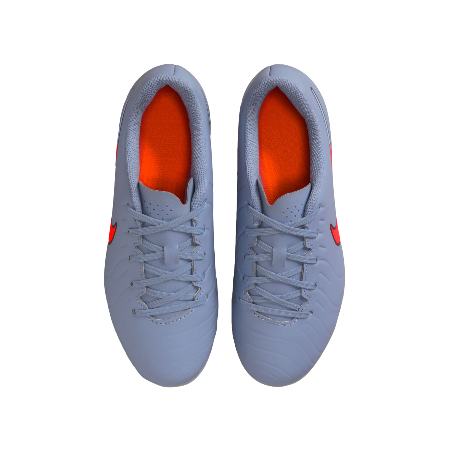 Top-down view of light blue Nike soccer cleats with bright orange interiors, set against a solid black background.
