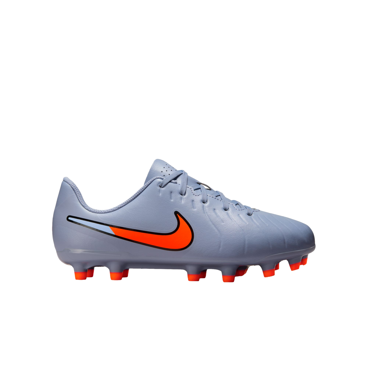 A light purple Nike soccer cleat with an orange Nike swoosh and orange studs, set against a black background.