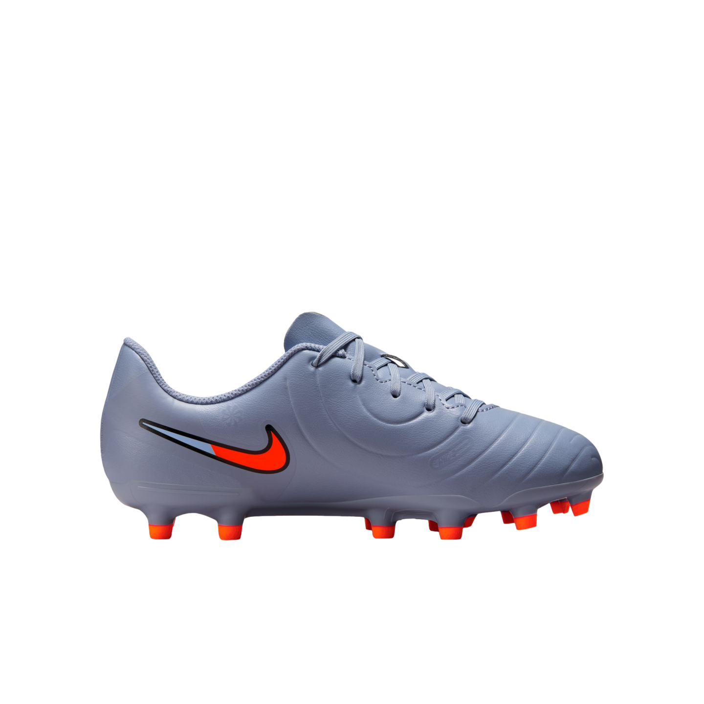 Side view of a periwinkle blue Nike soccer cleat with a bright orange swoosh and orange studs, set against a solid black background.