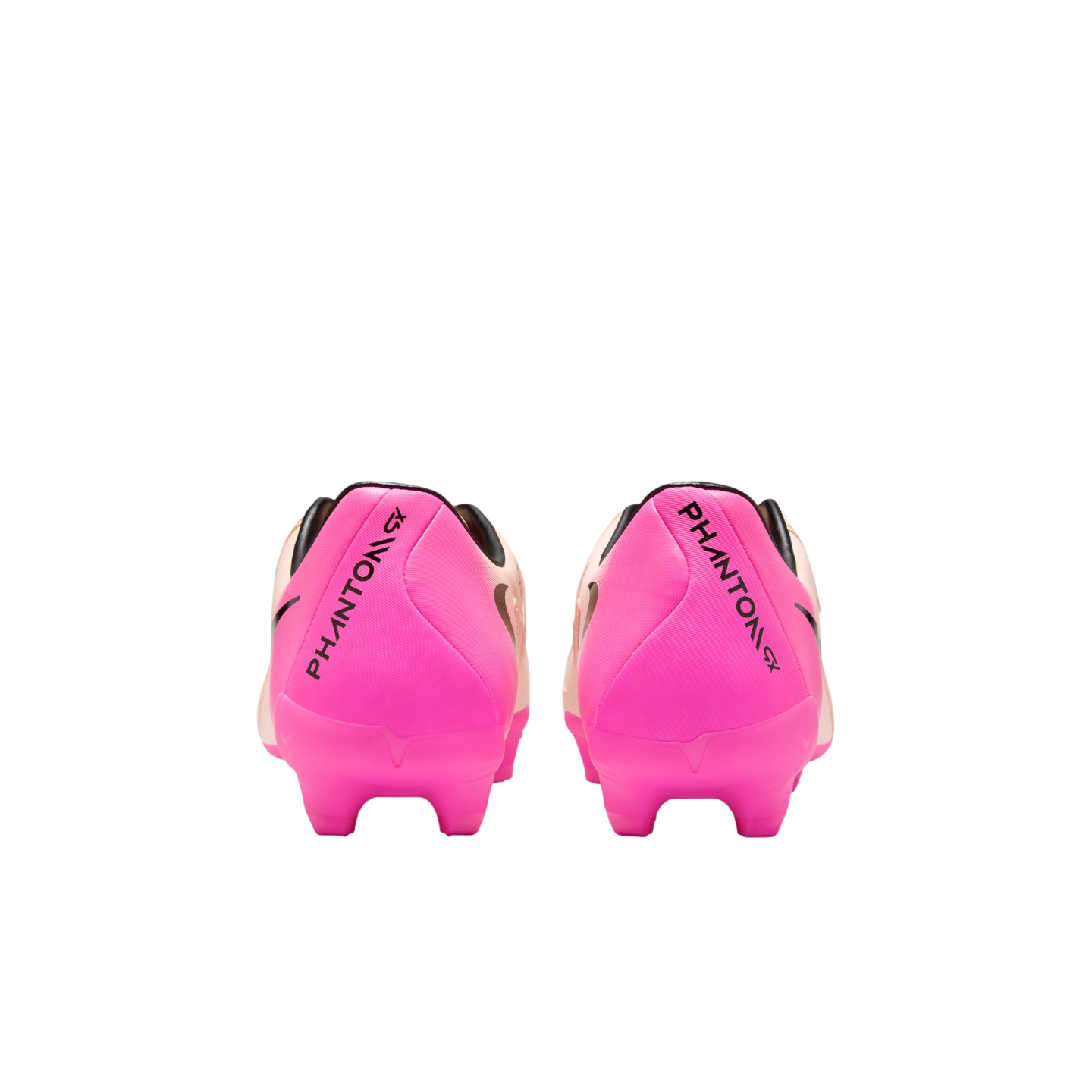 Rear view of a pair of pink and light orange Nike Phantom GX soccer cleats.