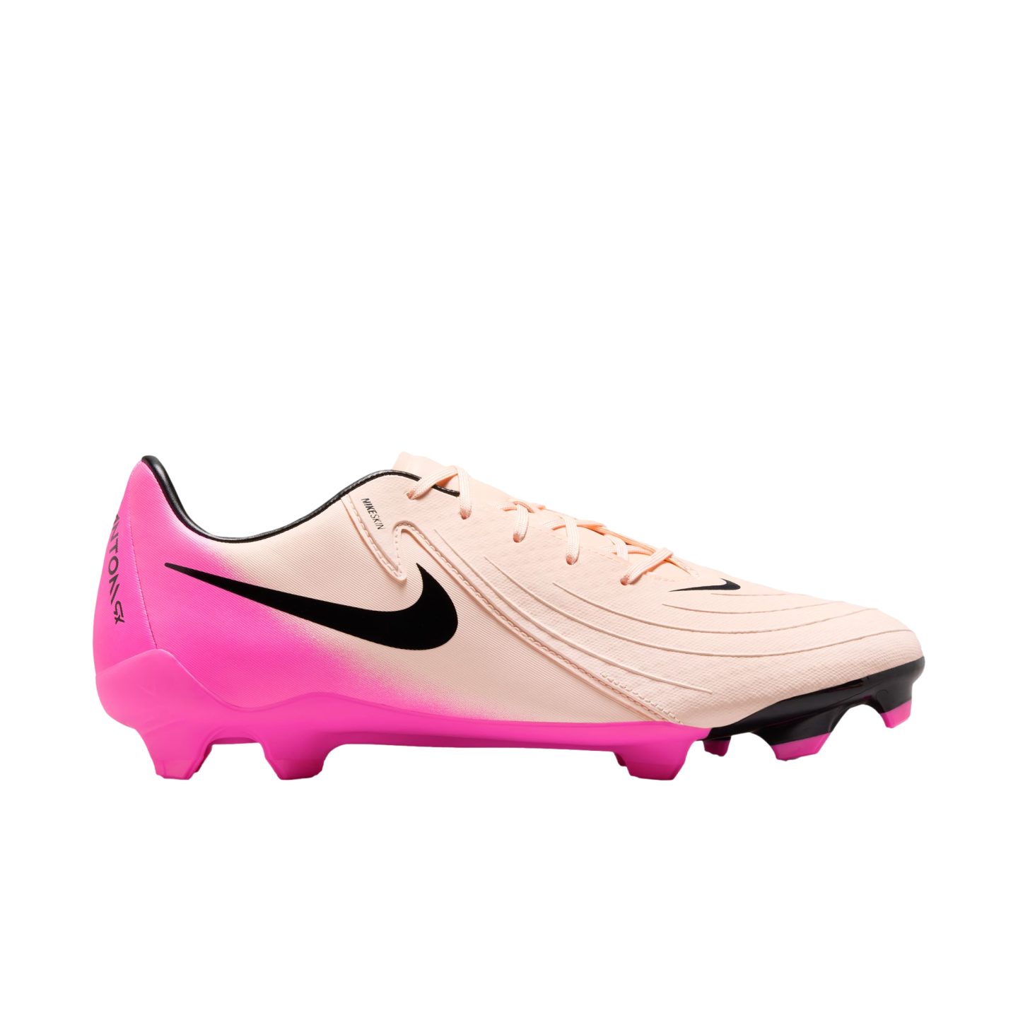 A peach and hot pink Nike Phantom GX soccer cleat with a black swoosh, isolated on a white background.